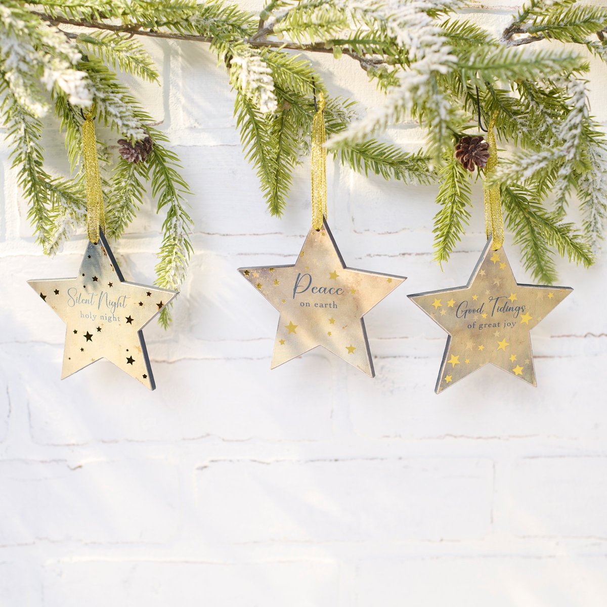 Starry Night Good Tidings Christmas Ornament Set - Rustic Wood Foil Accent Stars