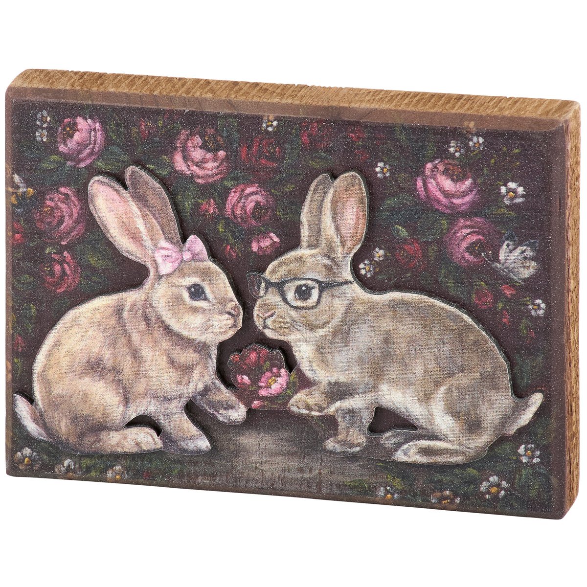 Charming Bunny Love Wooden Block Sign - Distressed Floral Valentine's Day Decor