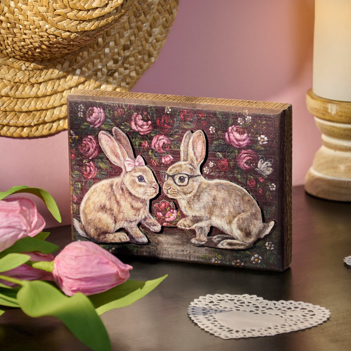 Charming Bunny Love Wooden Block Sign - Distressed Floral Valentine's Day Decor