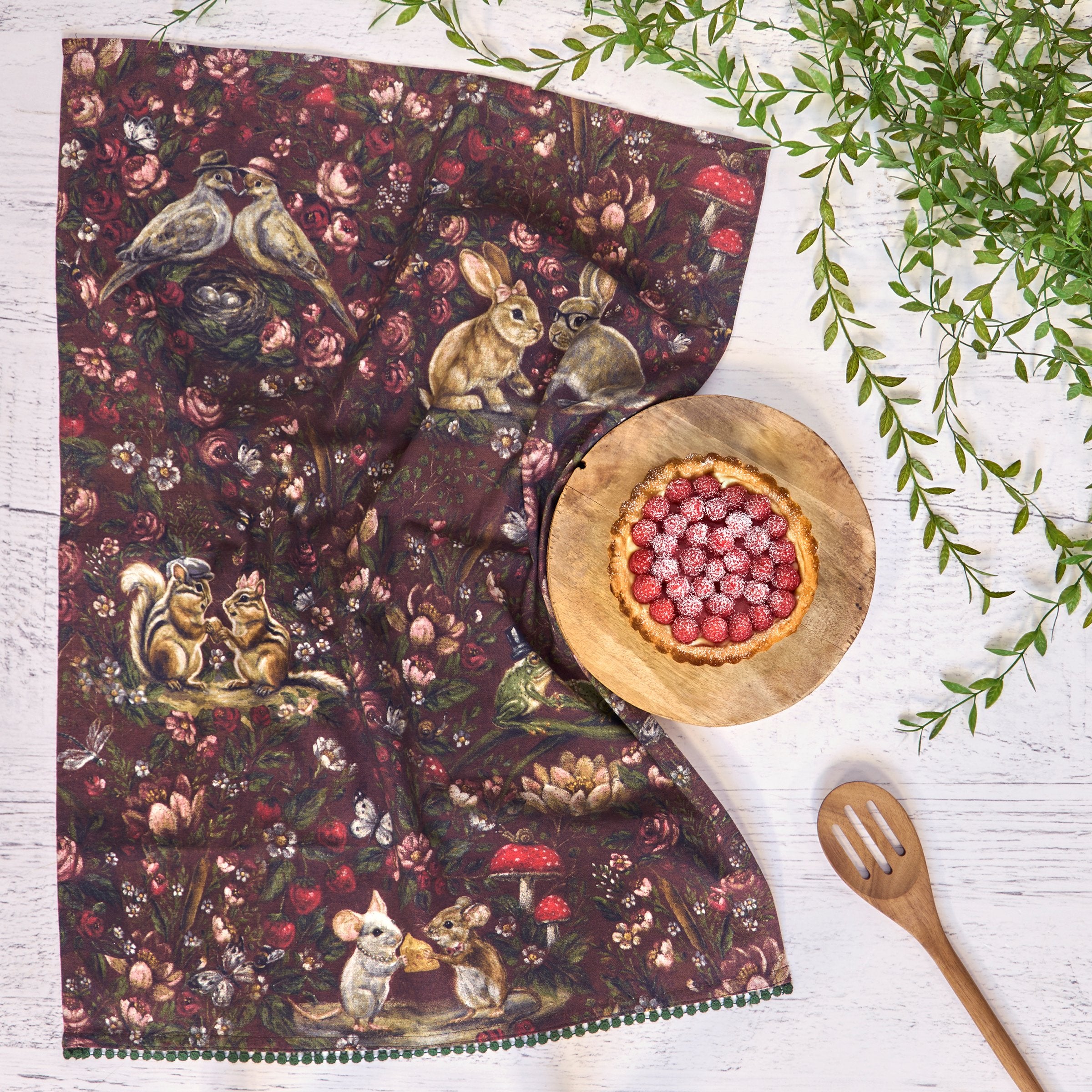 Charming Garden Love Cotton Kitchen Towel - Animal Couples, Spring Flowers