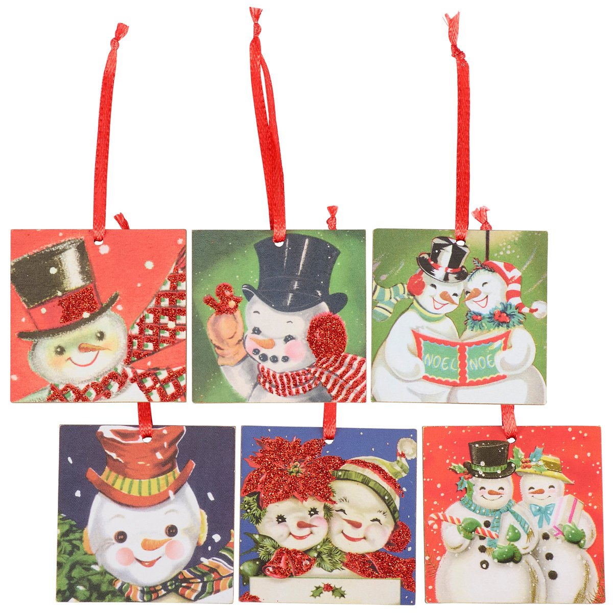 Charming Retro Snowmen Mini Wooden Ornaments Set - 6 Piece Glitter Christmas Decor