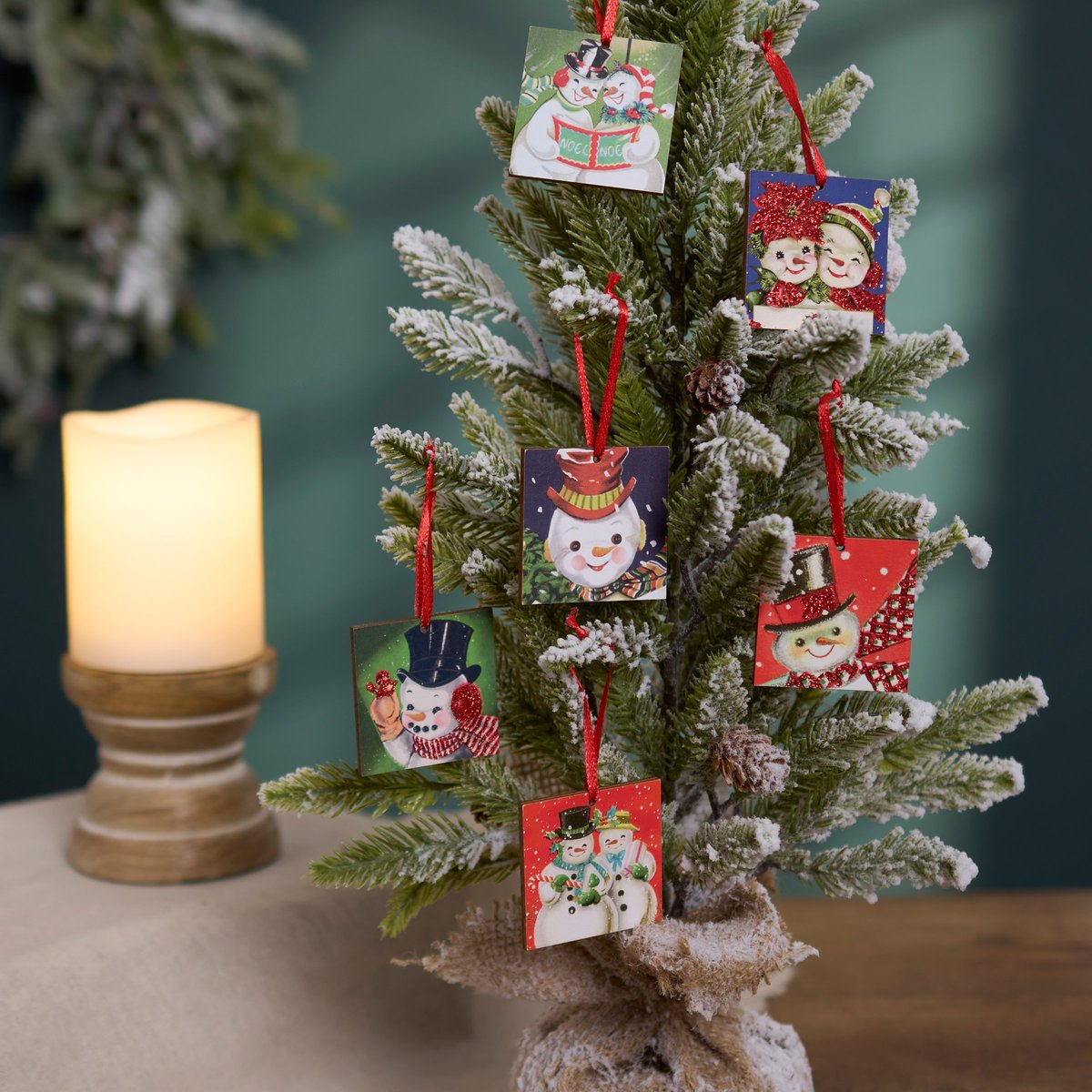 Charming Retro Snowmen Mini Wooden Ornaments Set - 6 Piece Glitter Christmas Decor