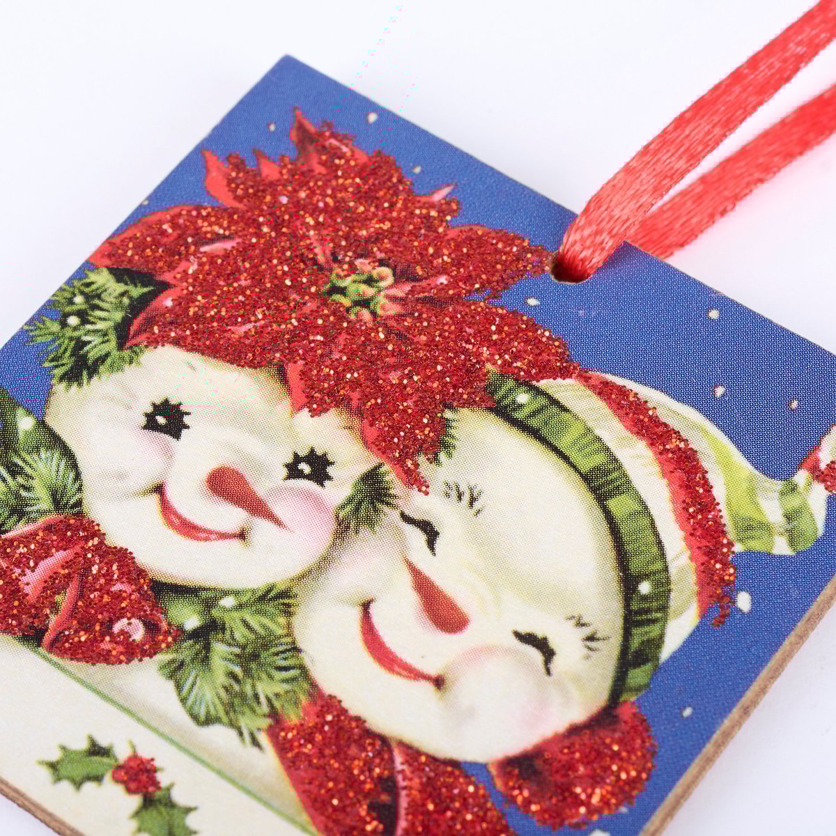 Charming Retro Snowmen Mini Wooden Ornaments Set - 6 Piece Glitter Christmas Decor