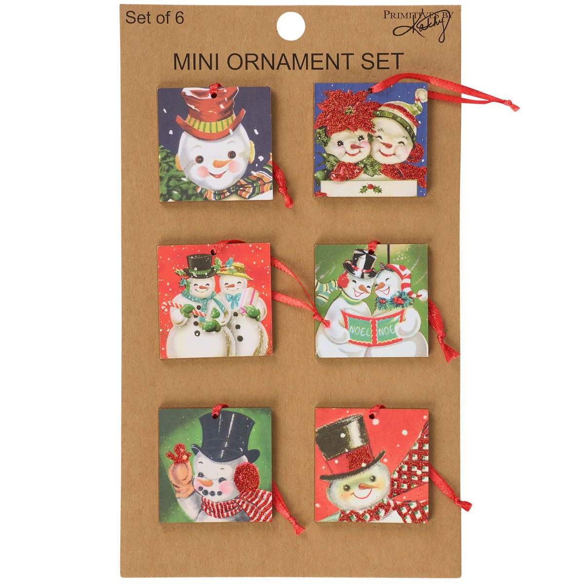 Charming Retro Snowmen Mini Wooden Ornaments Set - 6 Piece Glitter Christmas Decor