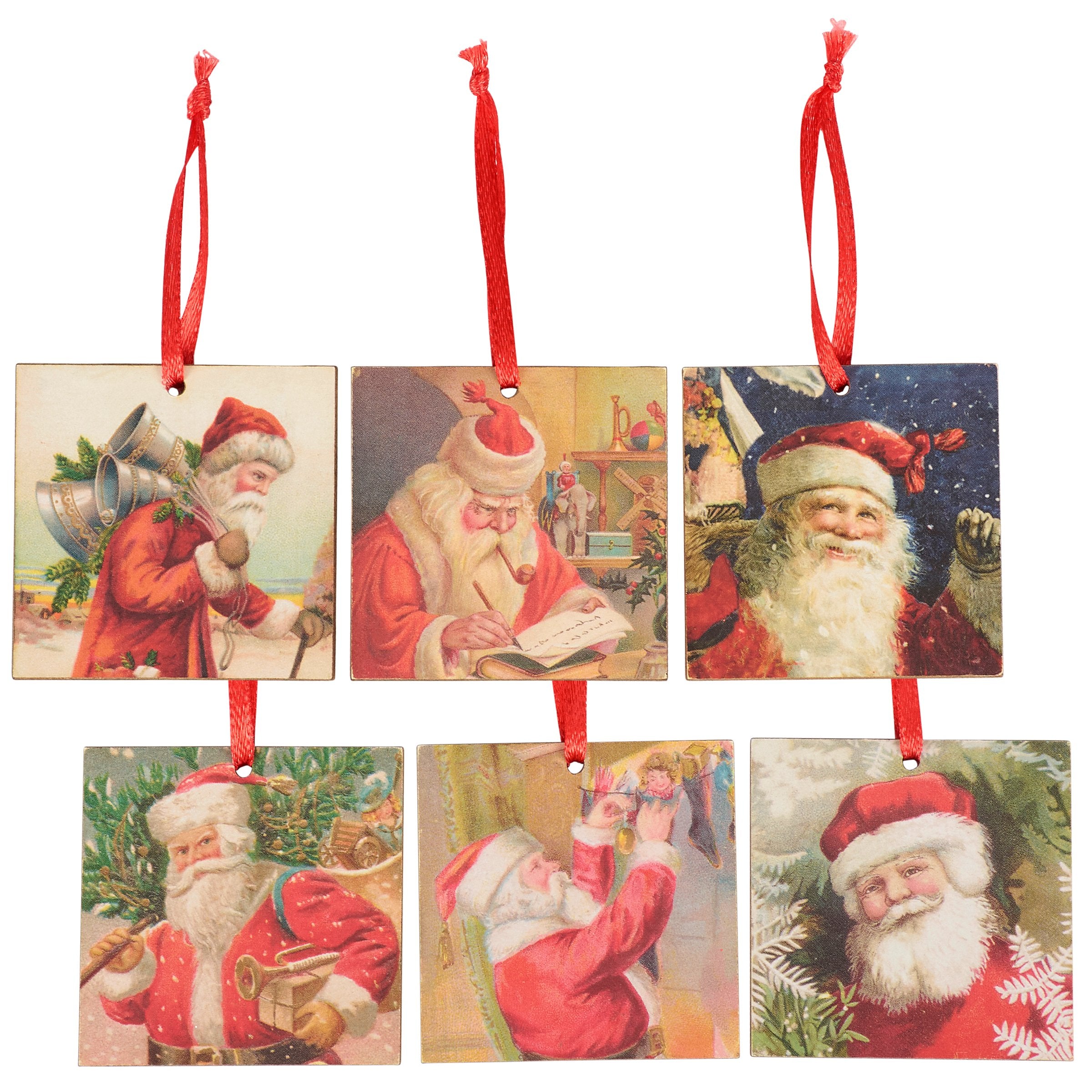 Delightful Retro Santa Mini Christmas Ornaments Set - 6 Wooden Tree Decorations