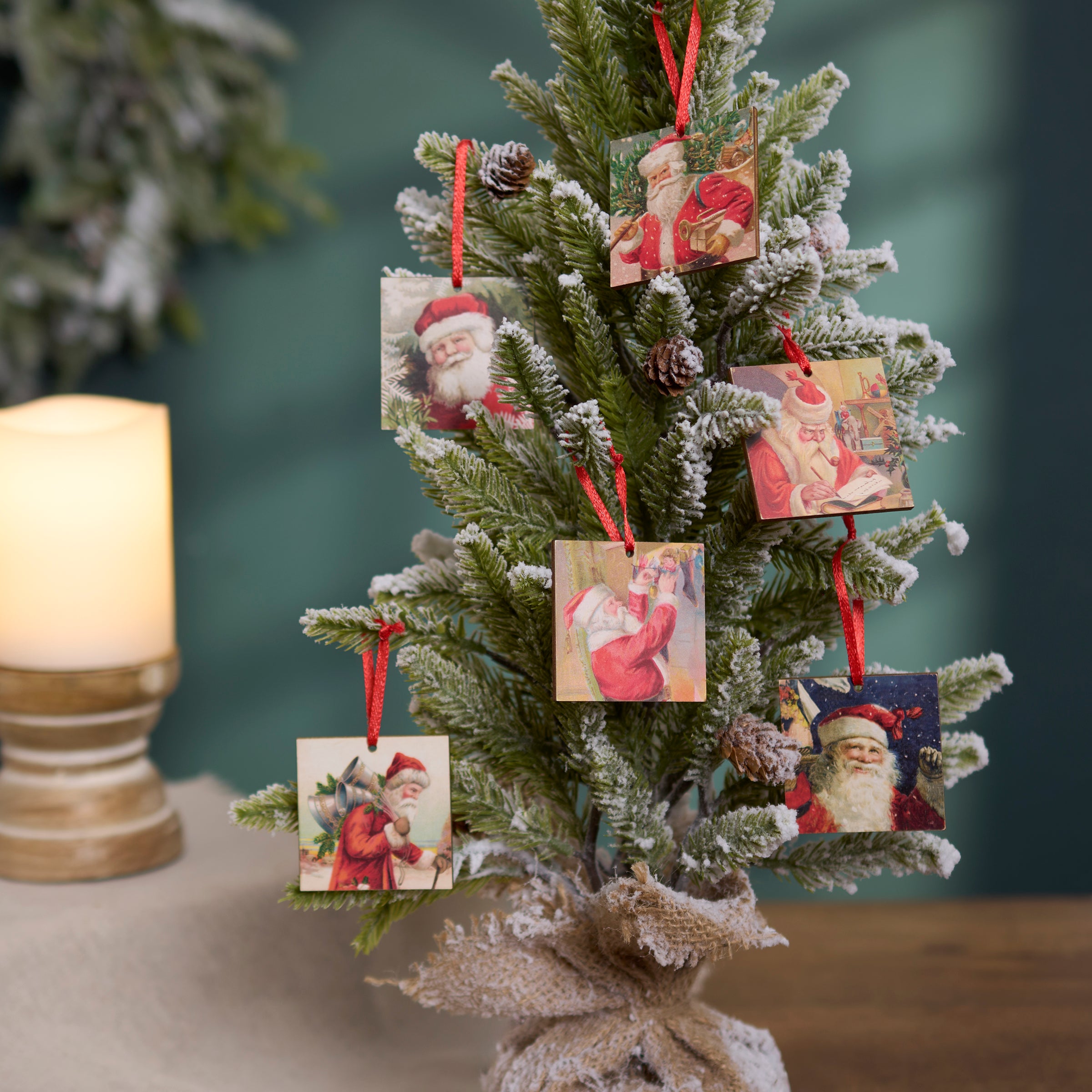 Delightful Retro Santa Mini Christmas Ornaments Set - 6 Wooden Tree Decorations