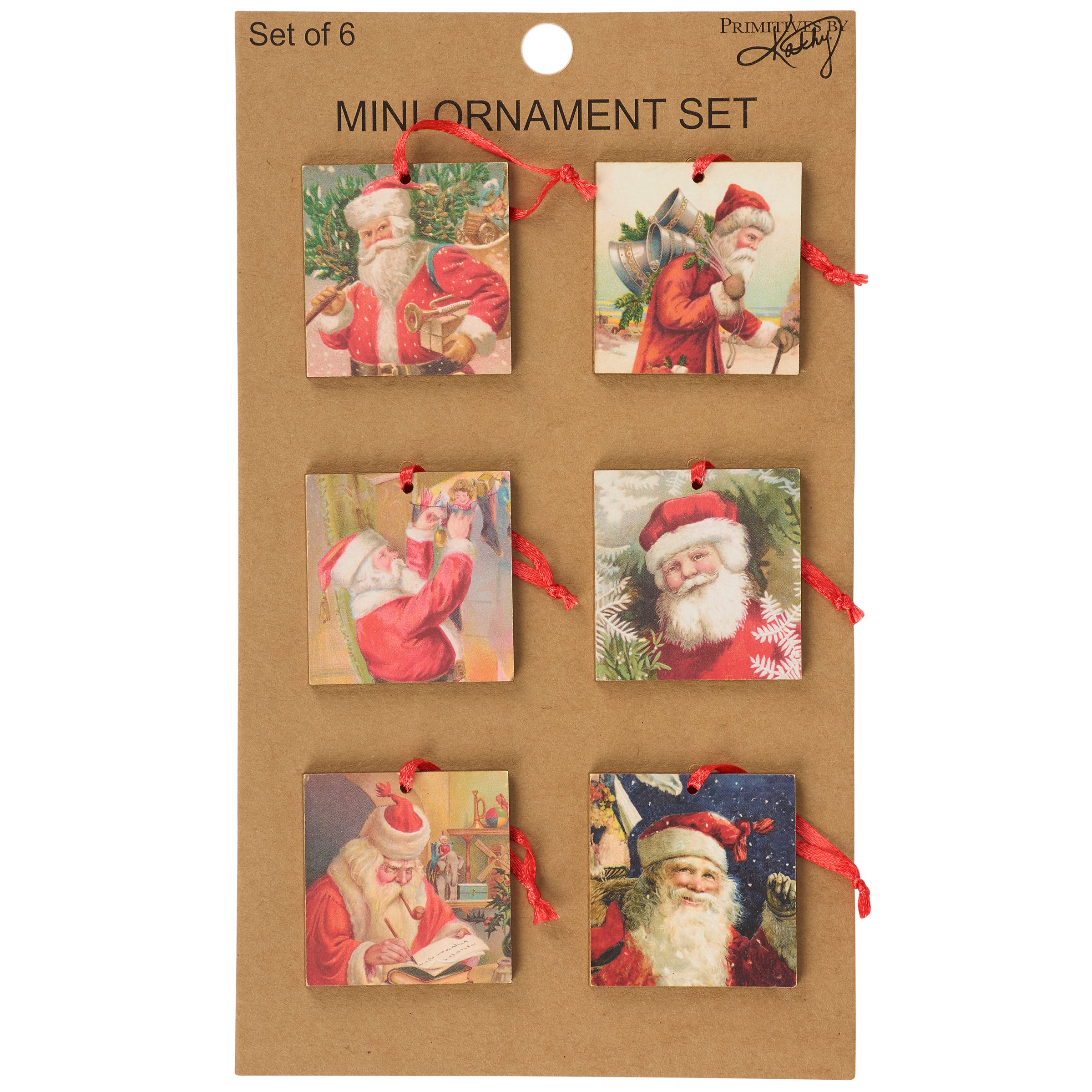 Delightful Retro Santa Mini Christmas Ornaments Set - 6 Wooden Tree Decorations