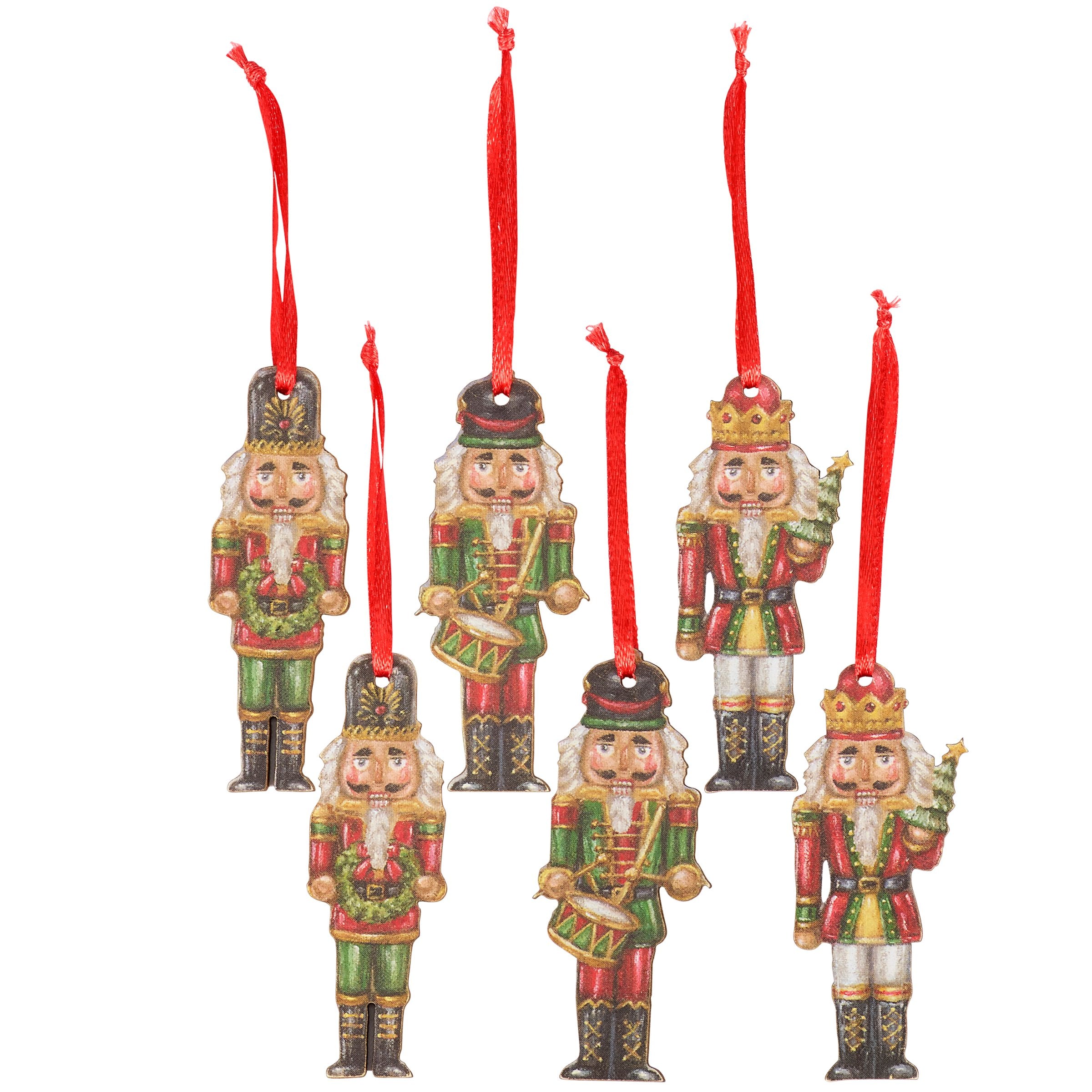 Charming Nutcracker Mini Ornament Set - 6 Wooden Festive Figurines with Ribbons