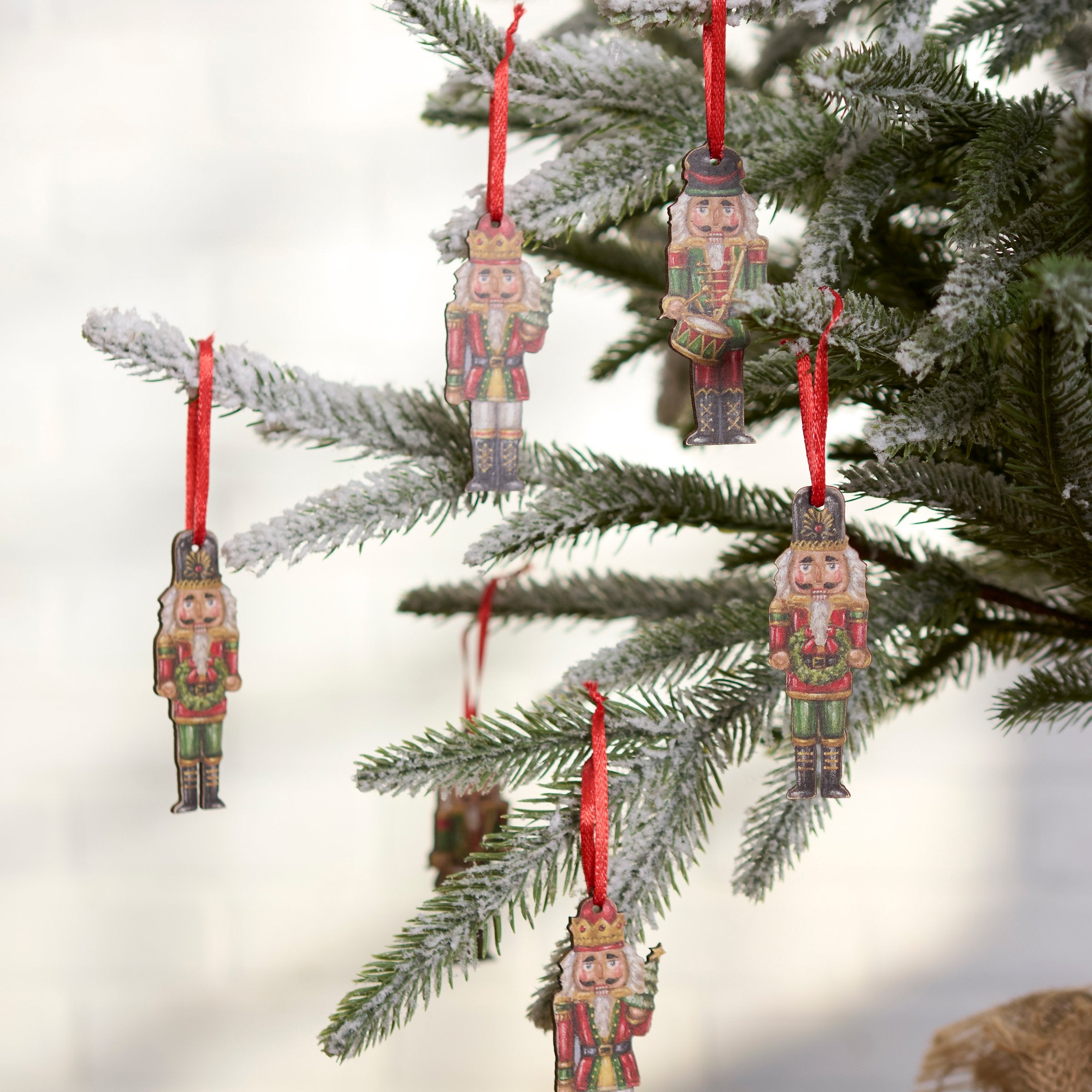 Charming Nutcracker Mini Ornament Set - 6 Wooden Festive Figurines with Ribbons