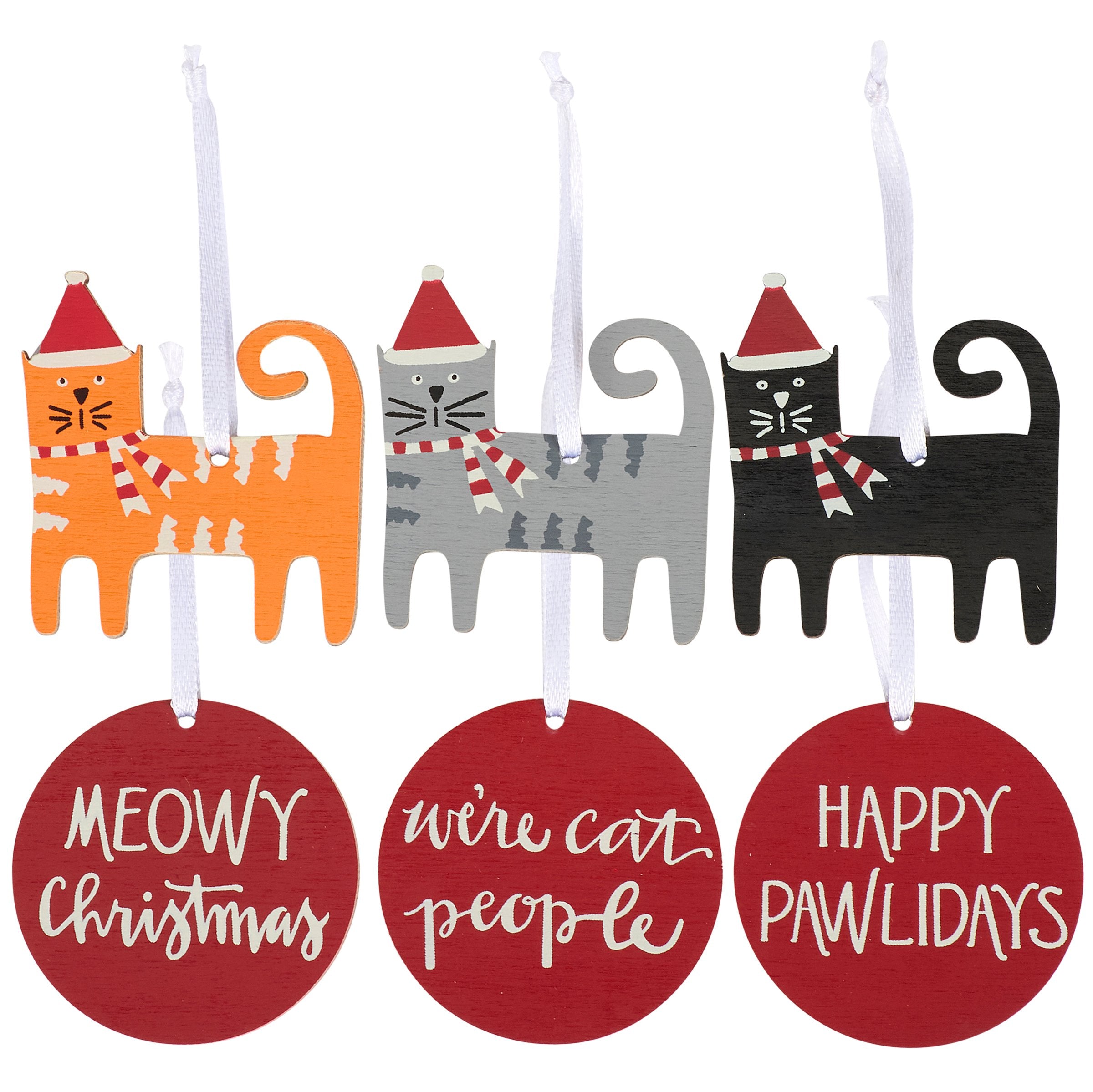 Set of 6 Charming Wooden Cat Christmas Ornaments with Festive Sayings