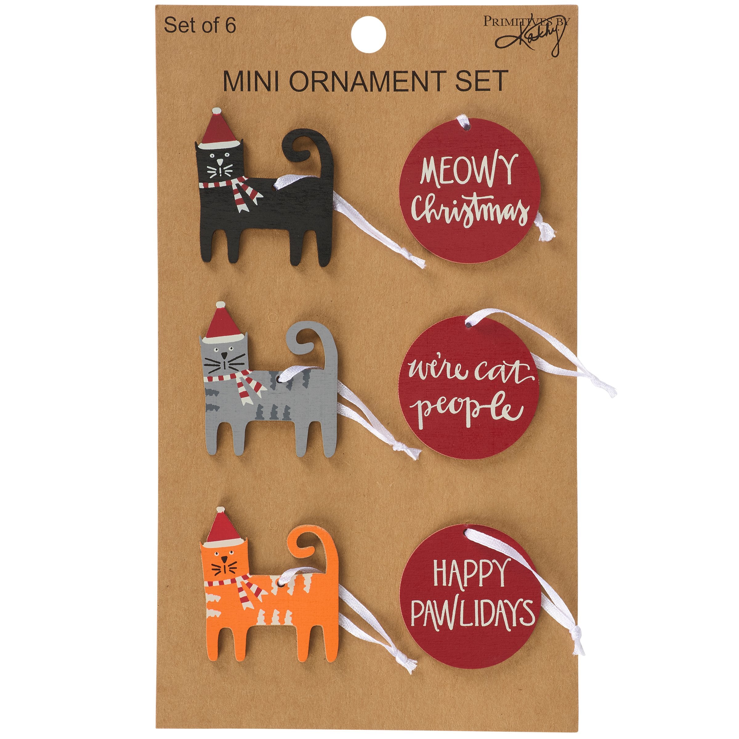 Set of 6 Charming Wooden Cat Christmas Ornaments with Festive Sayings