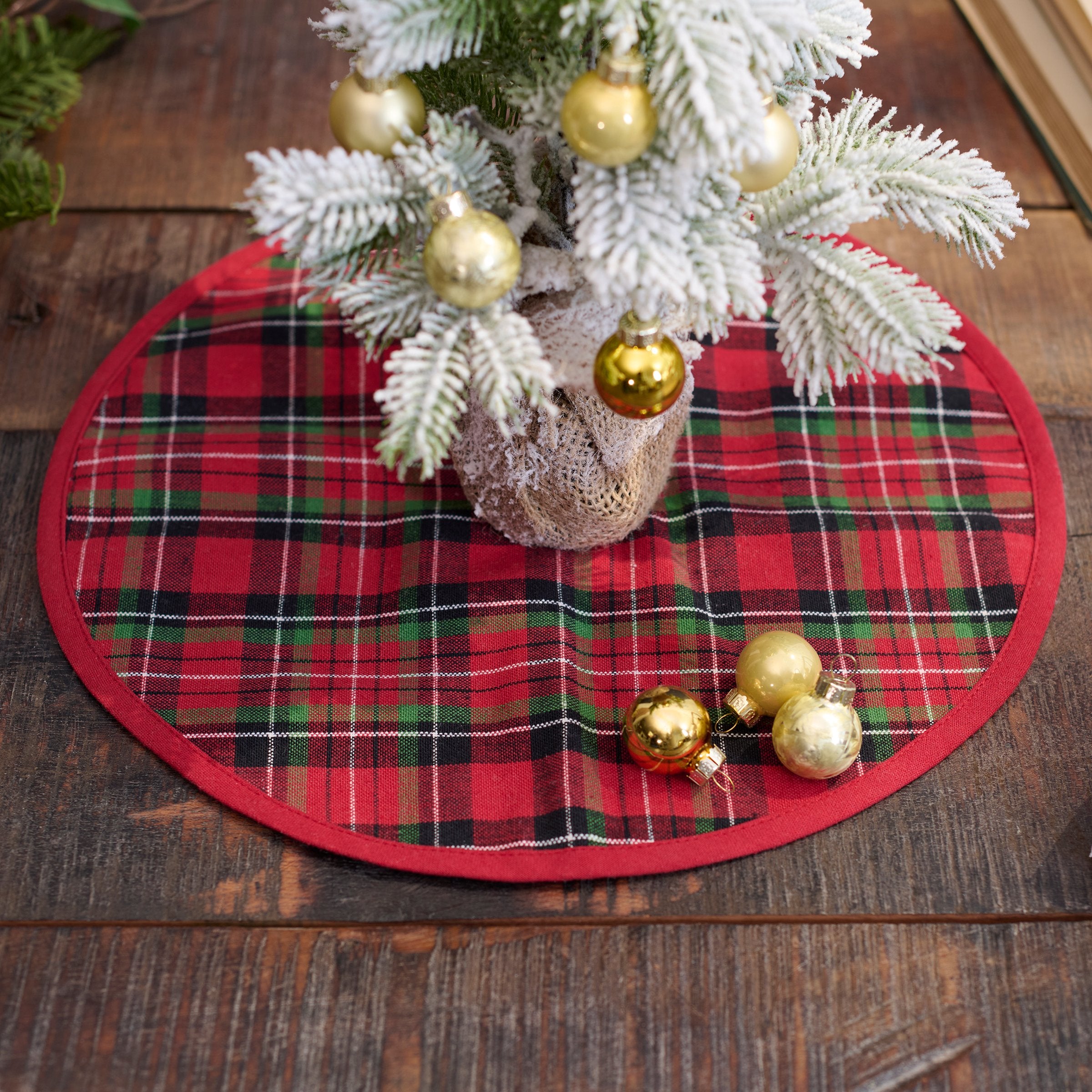 Small Red Plaid Christmas Tree Skirt - Rustic Cotton Holiday Mini Tree Decor