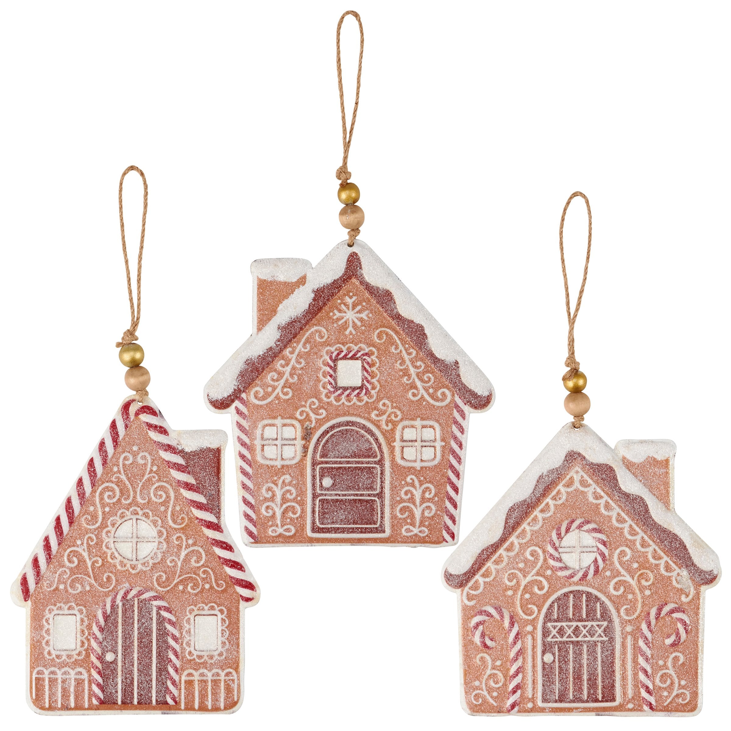 Charming Gingerbread Town Christmas Ornaments Set - Festive Metal, Mica, Jute