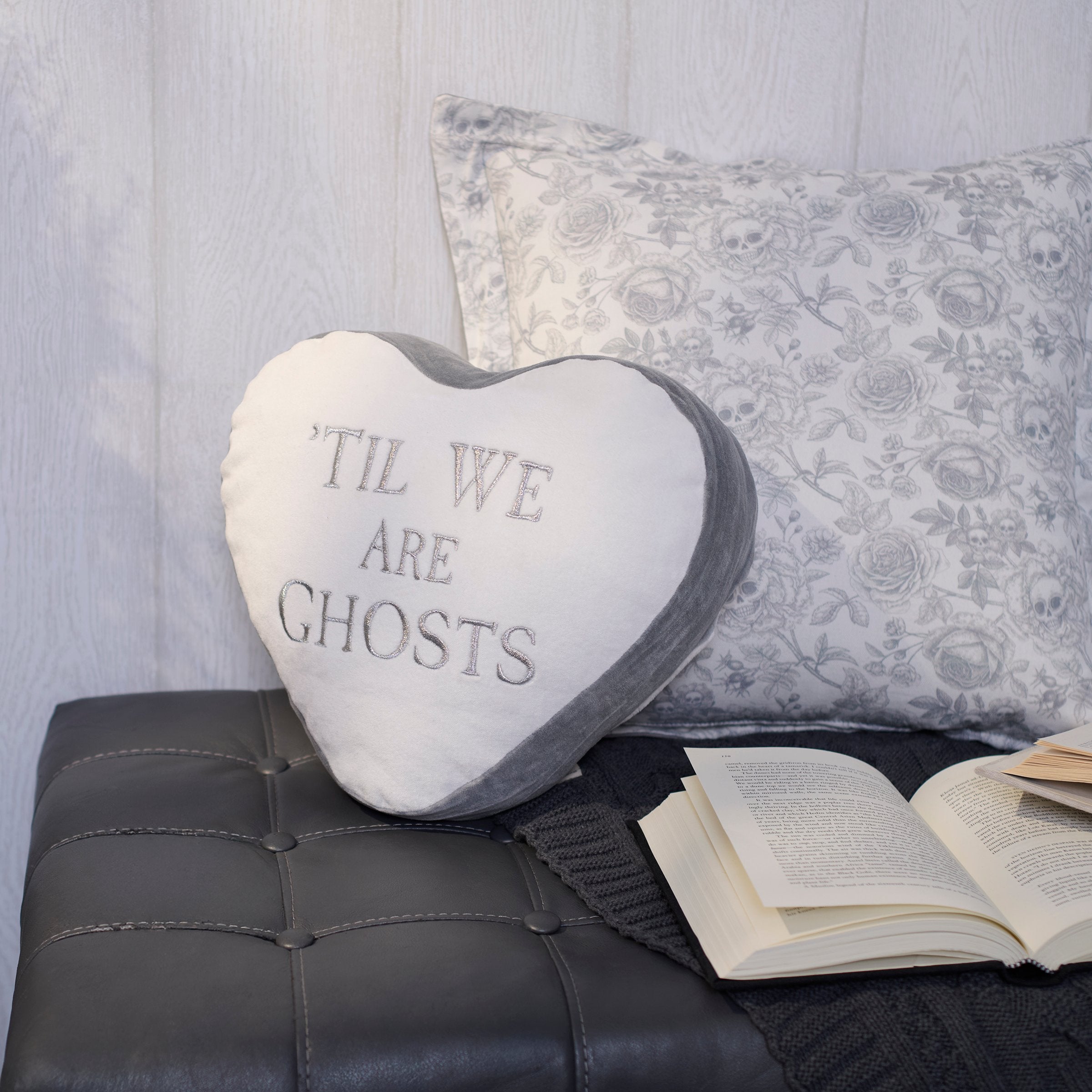 Spooky Neutral Heart Velvet Pillow with 'Til We Are Ghosts Embroidery - Halloween Decor