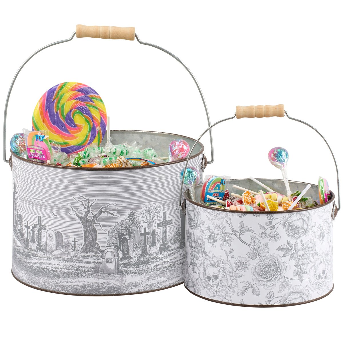 Spooky Graveyard Skull Rose Halloween Galvanized Metal Decorative Bucket Set