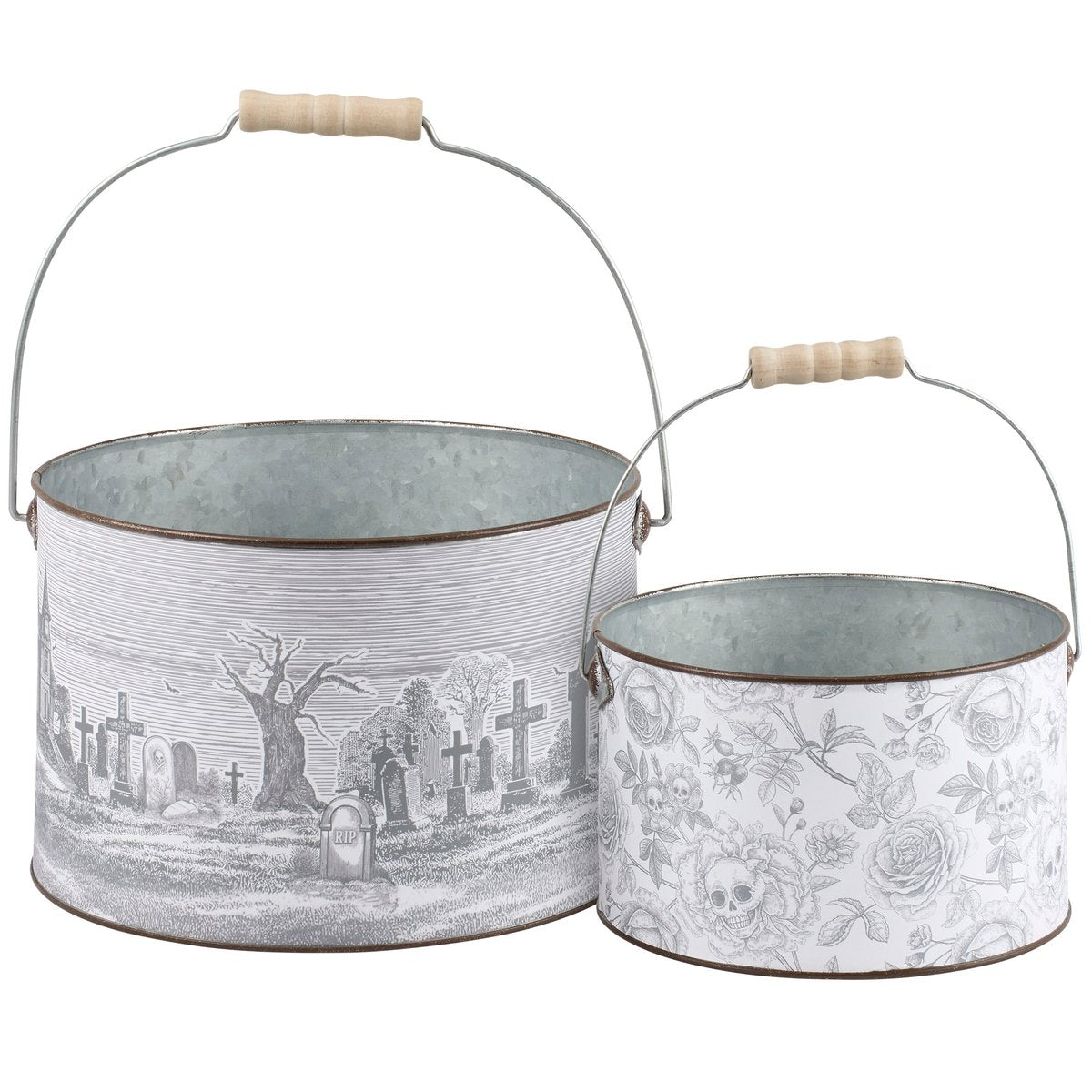 Spooky Graveyard Skull Rose Halloween Galvanized Metal Decorative Bucket Set