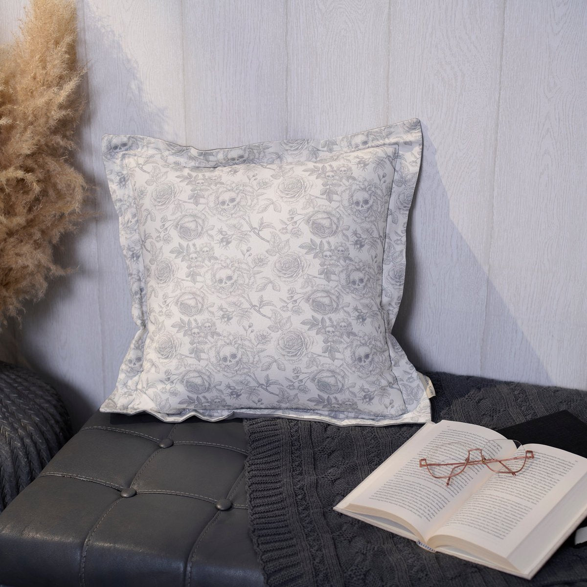 Spooky Monochrome Rose Skull Flower Decorative Cotton Throw Pillow