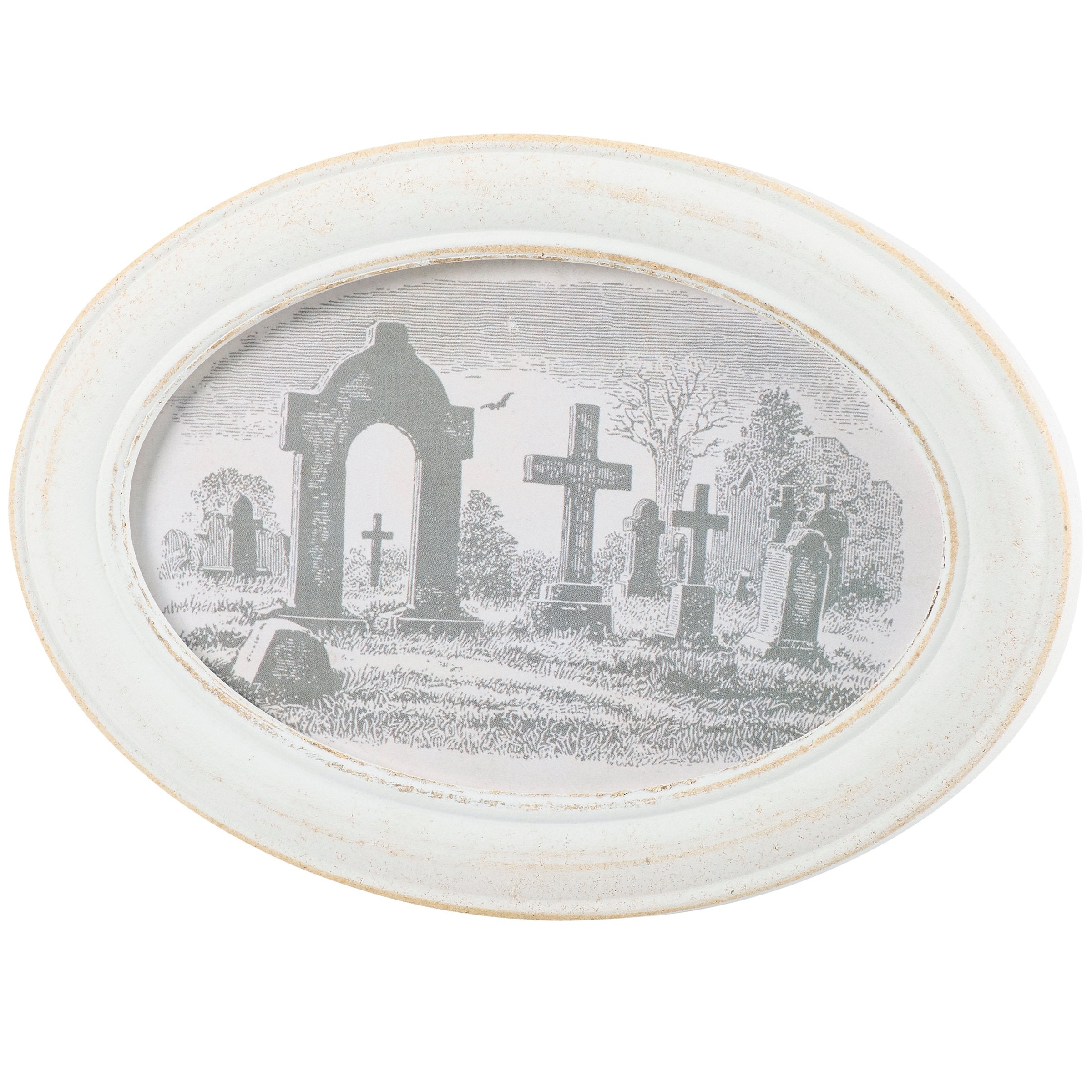 Spooky Graveyard Framed Art - Oval Bone White Distressed Halloween Decor