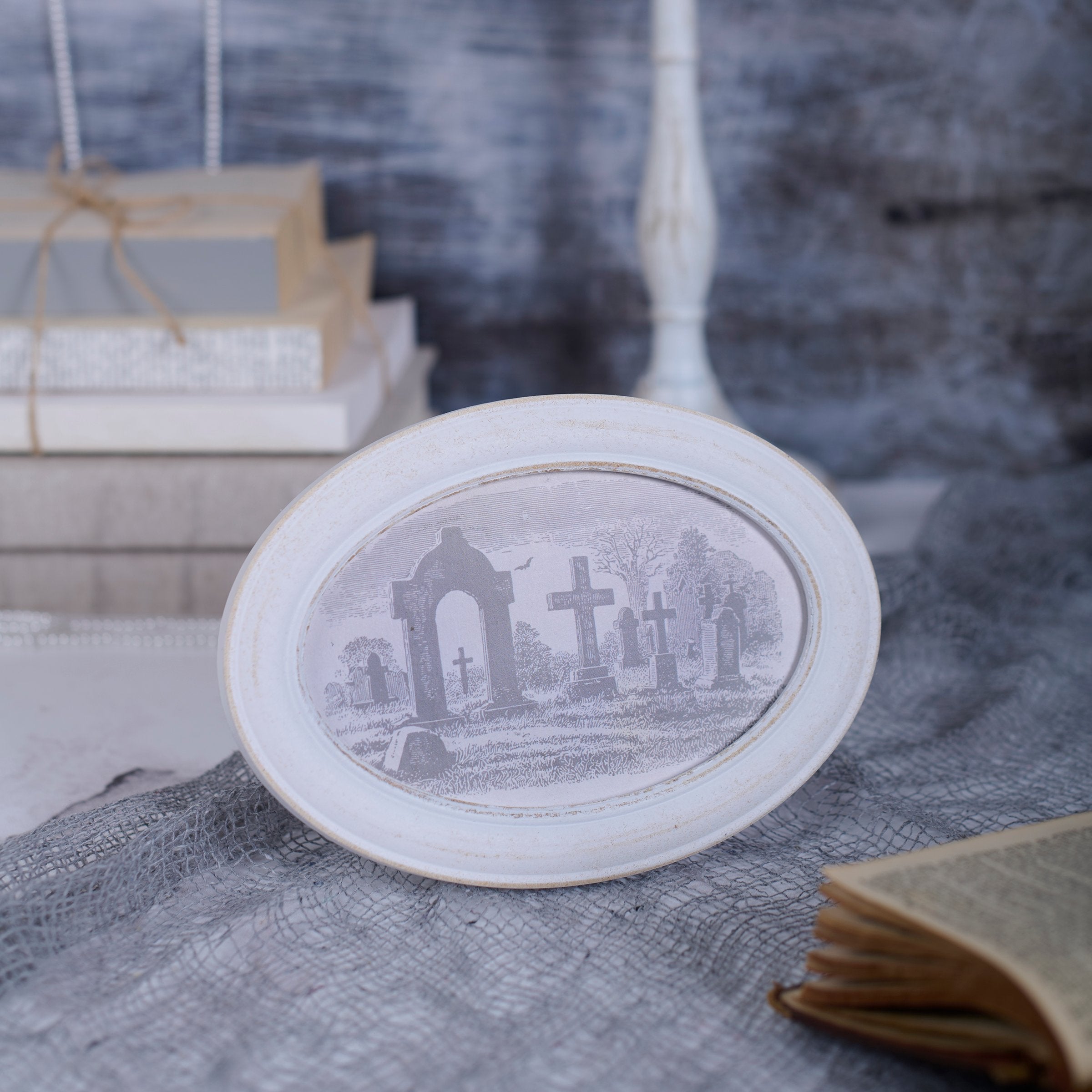 Spooky Graveyard Framed Art - Oval Bone White Distressed Halloween Decor