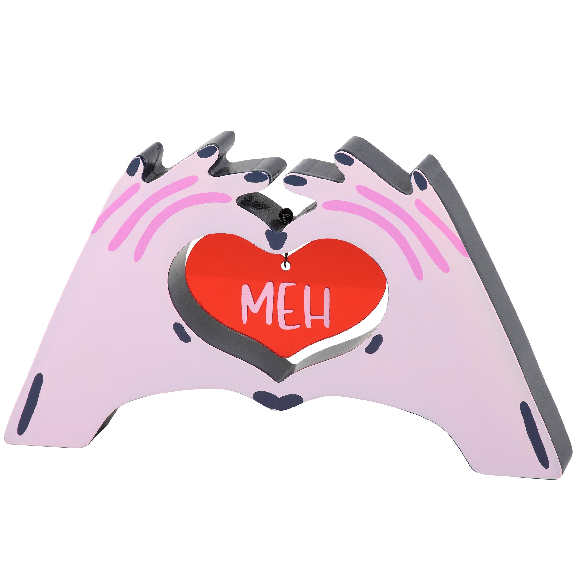 Sassy 'Meh' Heart Hands Chunky Sitter - Wooden Valentine's Day Home Decor Accent