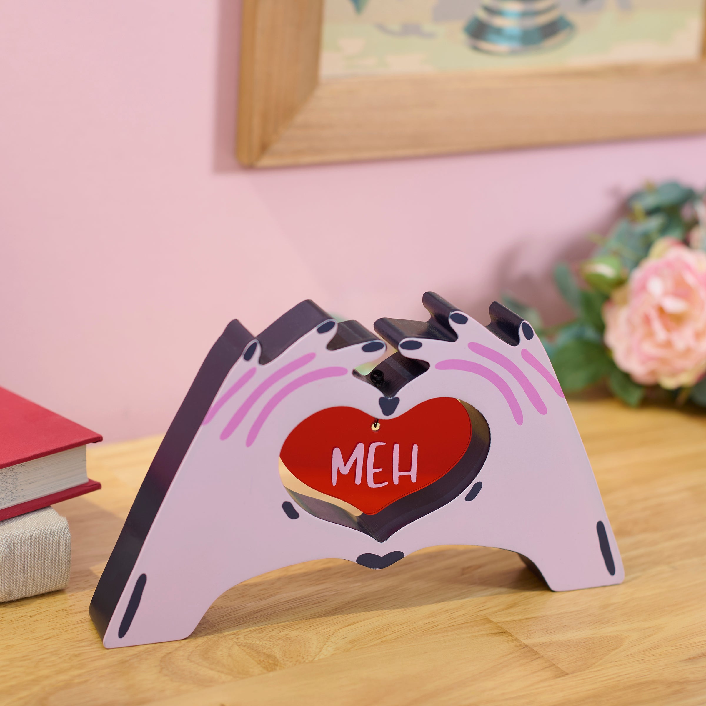 Sassy 'Meh' Heart Hands Chunky Sitter - Wooden Valentine's Day Home Decor Accent