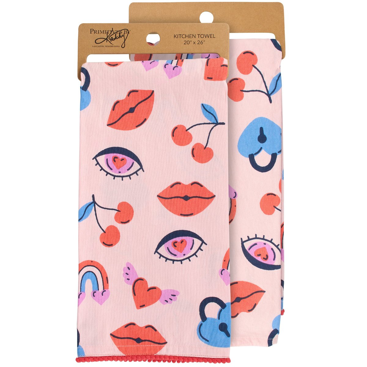 Charming Love Locks Cotton Kitchen Towel with Red Pom Trim for Valentine's Day