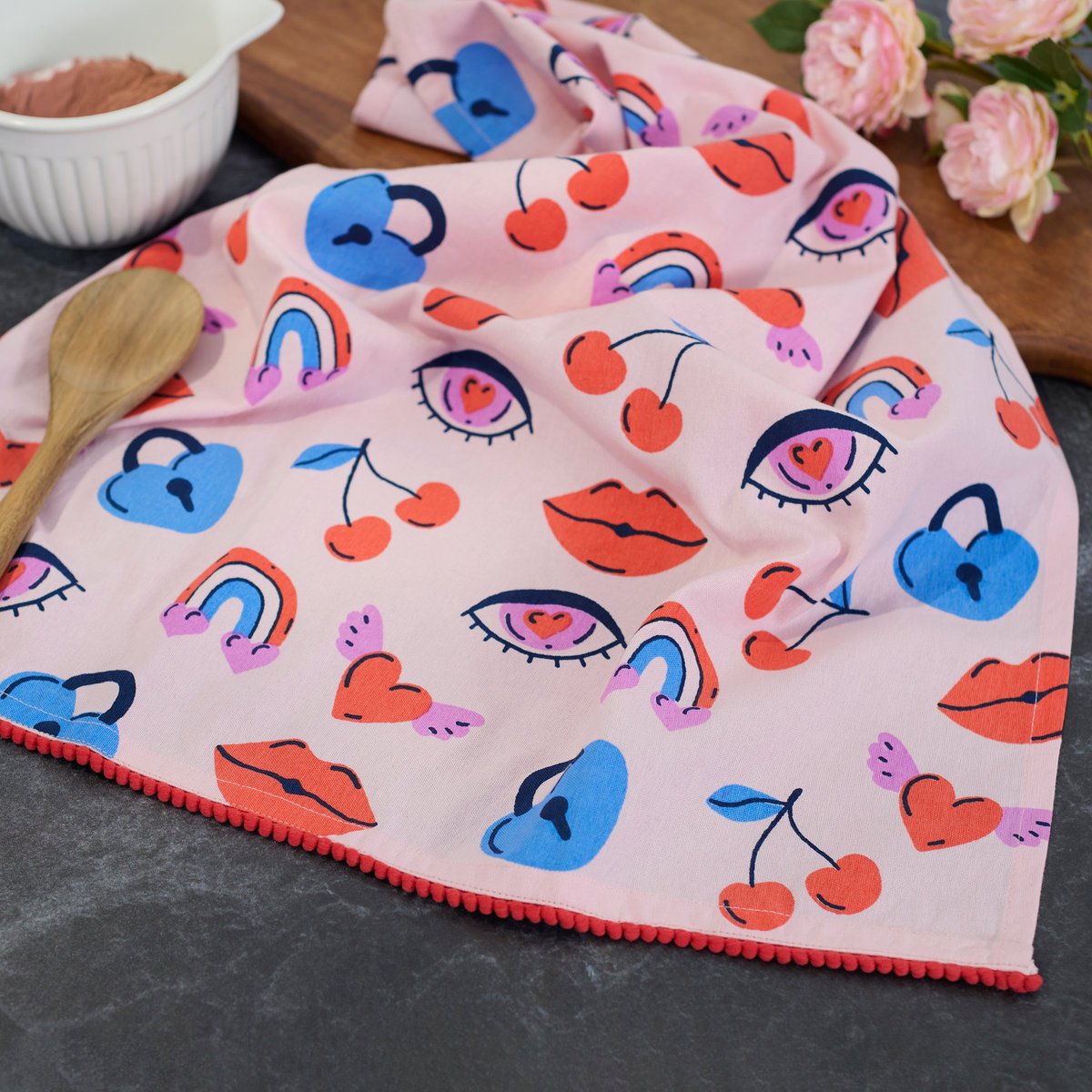 Charming Love Locks Cotton Kitchen Towel with Red Pom Trim for Valentine's Day