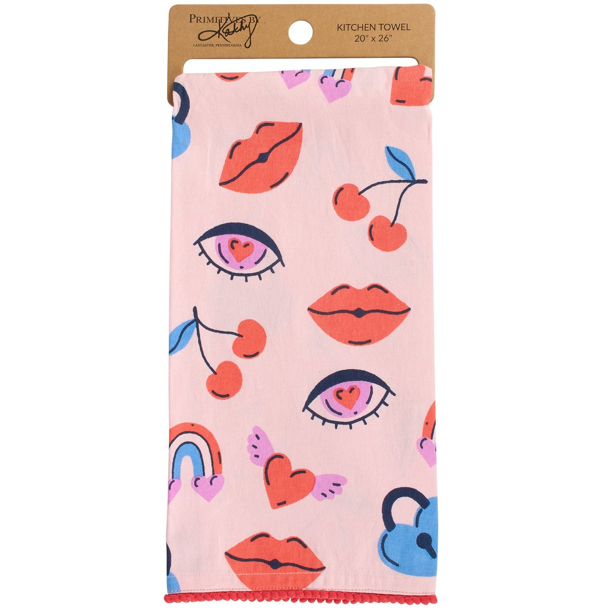 Charming Love Locks Cotton Kitchen Towel with Red Pom Trim for Valentine's Day