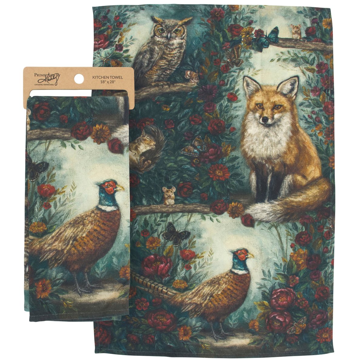 Charming Fall Woodland Kitchen Towel: Rustic Cotton-Linen Blend with Animal Art