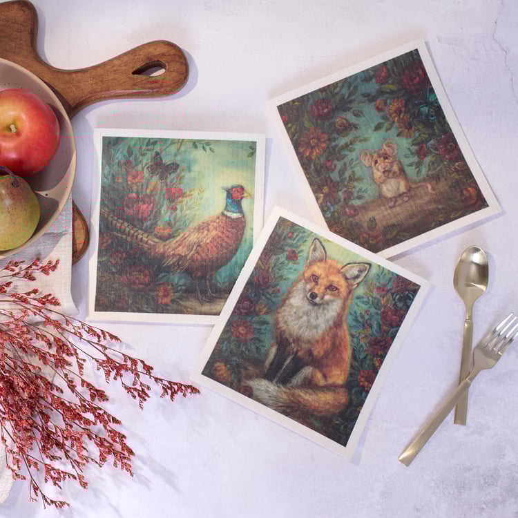 Charming Fall Woodland Swedish Dishcloth Set - Eco-Friendly, Ultra-Absorbent, 3-Pack