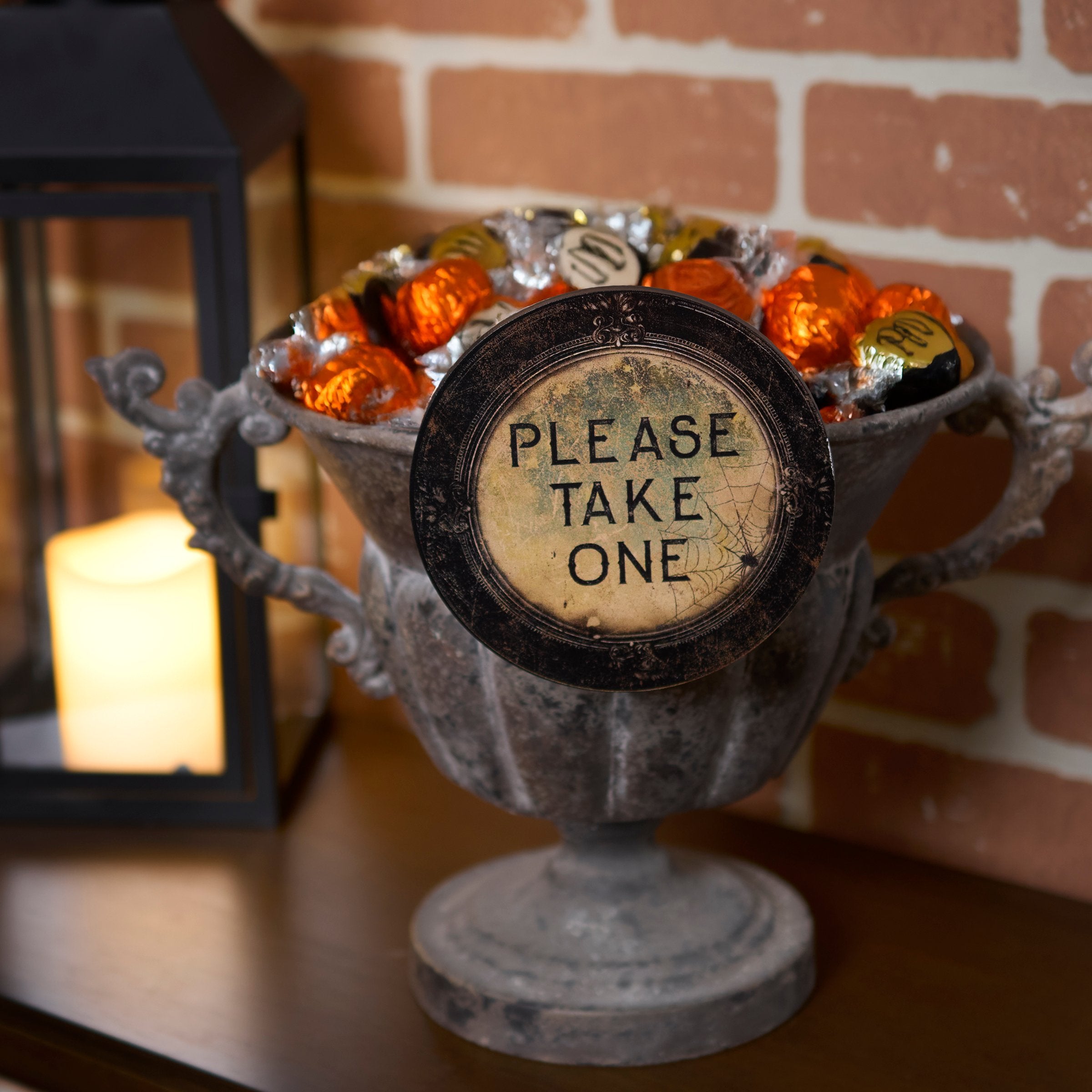 Rustic Wood "Please Take One" Halloween Ornament with Metal Clip for Treats