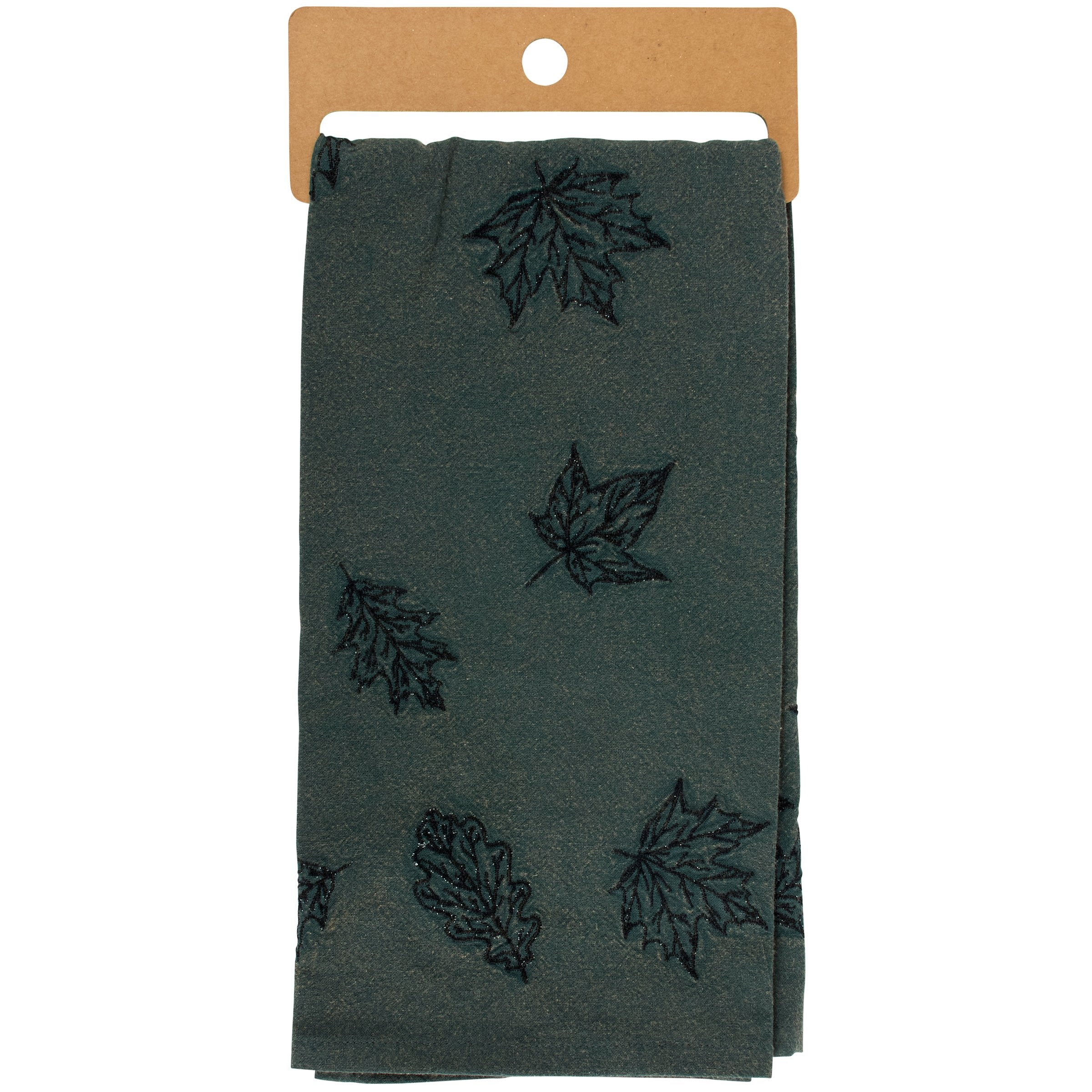 Emerald Leaf Cotton-Linen Kitchen Towel with Embroidered Fall Leaf Designs