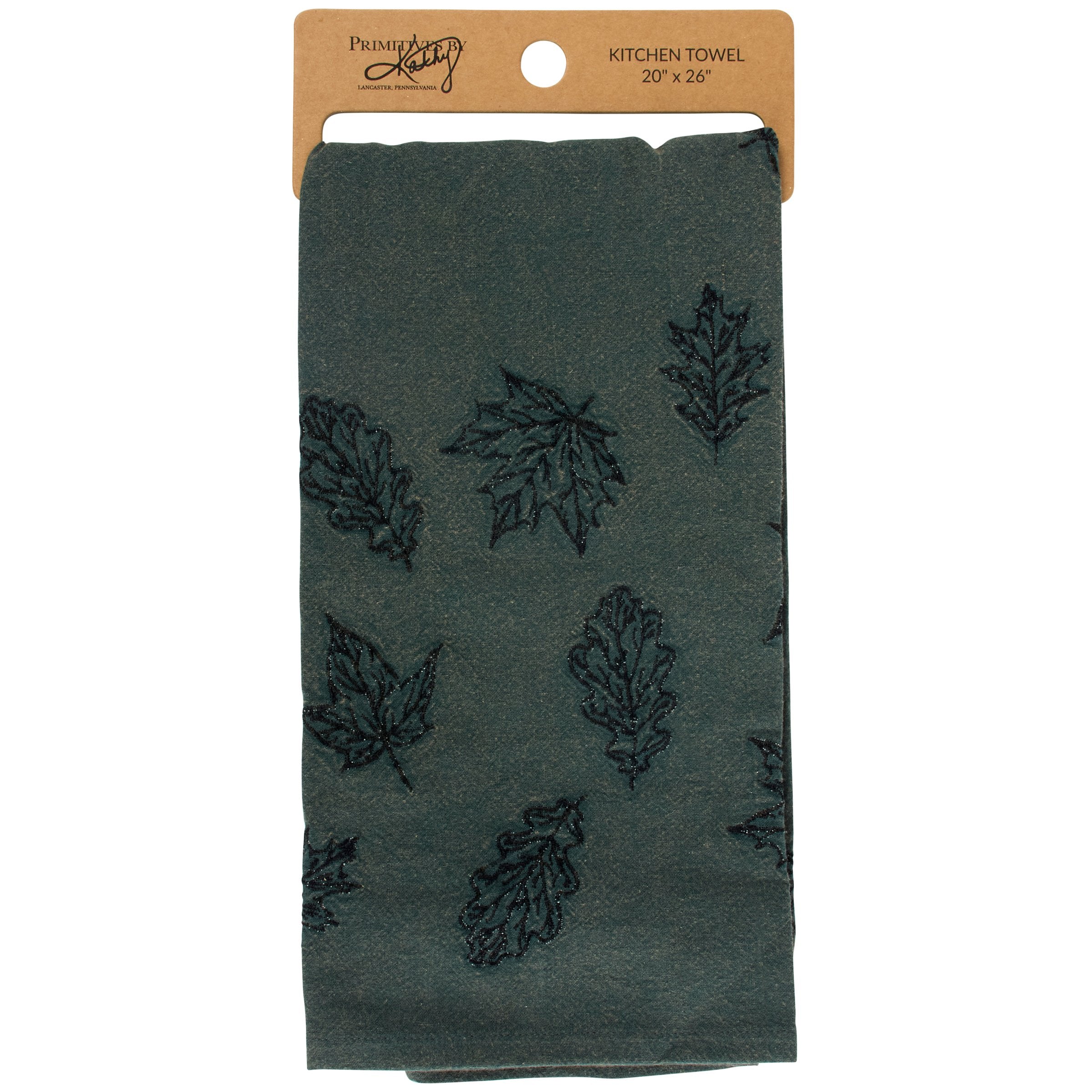 Emerald Leaf Cotton-Linen Kitchen Towel with Embroidered Fall Leaf Designs