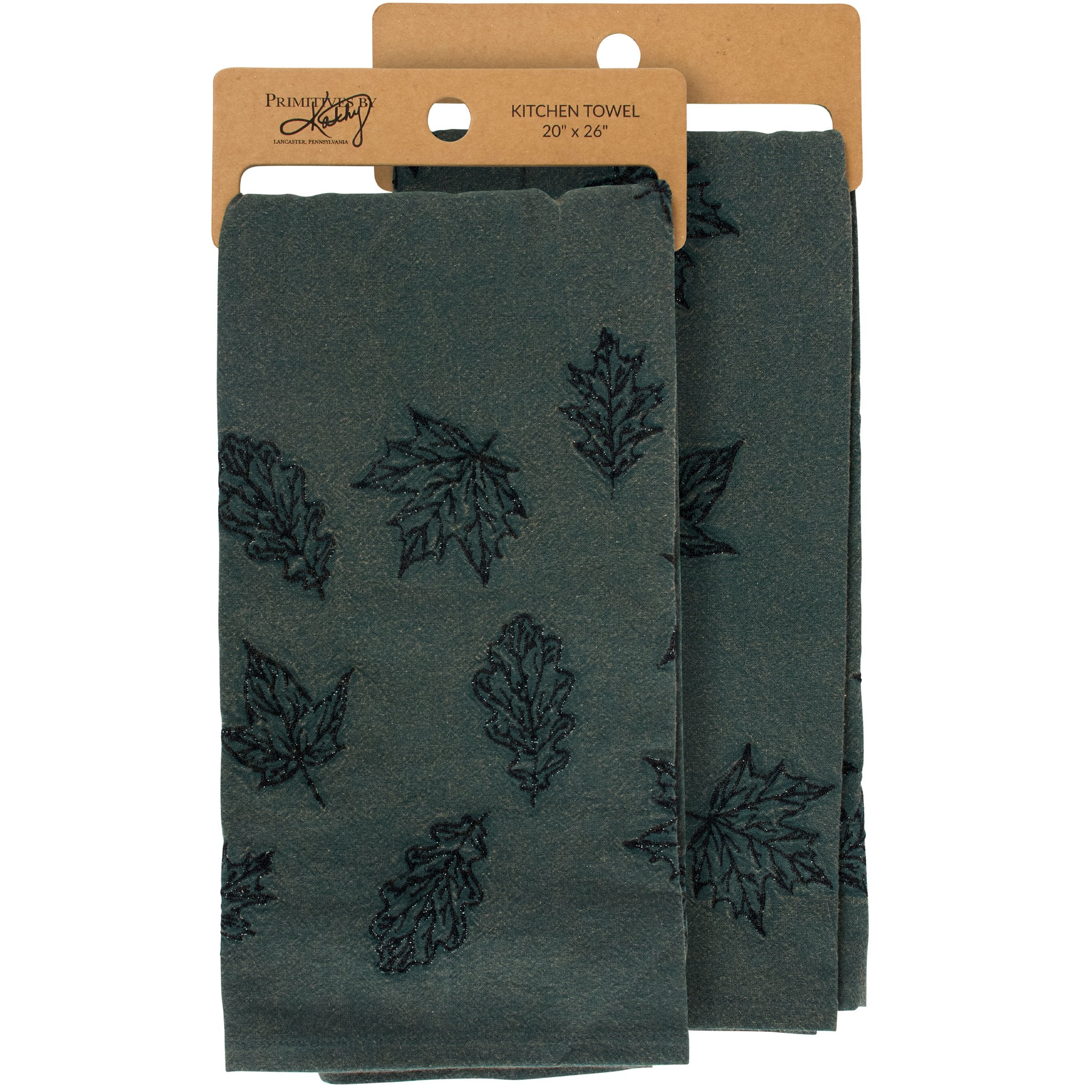 Emerald Leaf Cotton-Linen Kitchen Towel with Embroidered Fall Leaf Designs