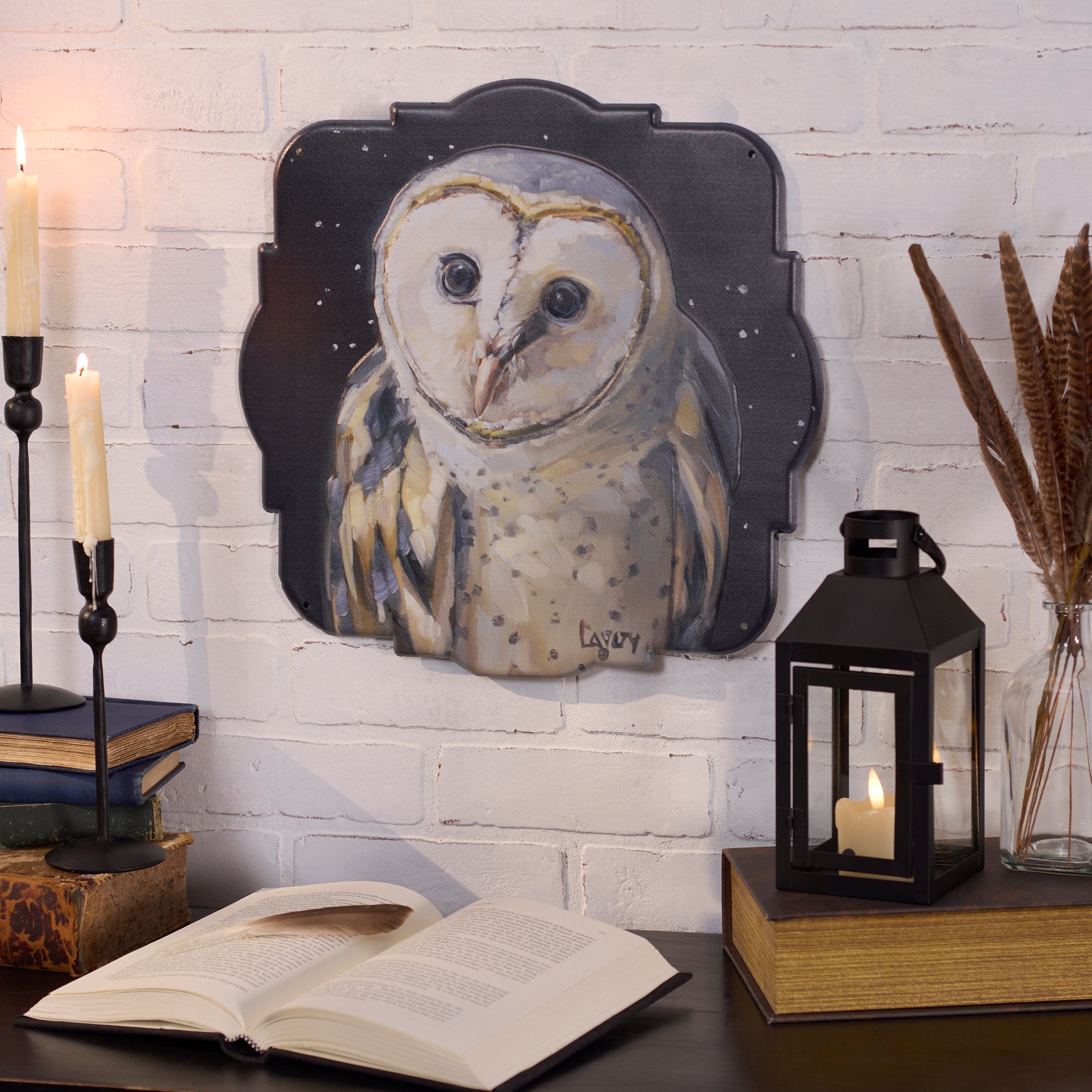 Moody Hand-Painted Barn Owl Metal Wall Decor - Dark Academia Home Accent Piece