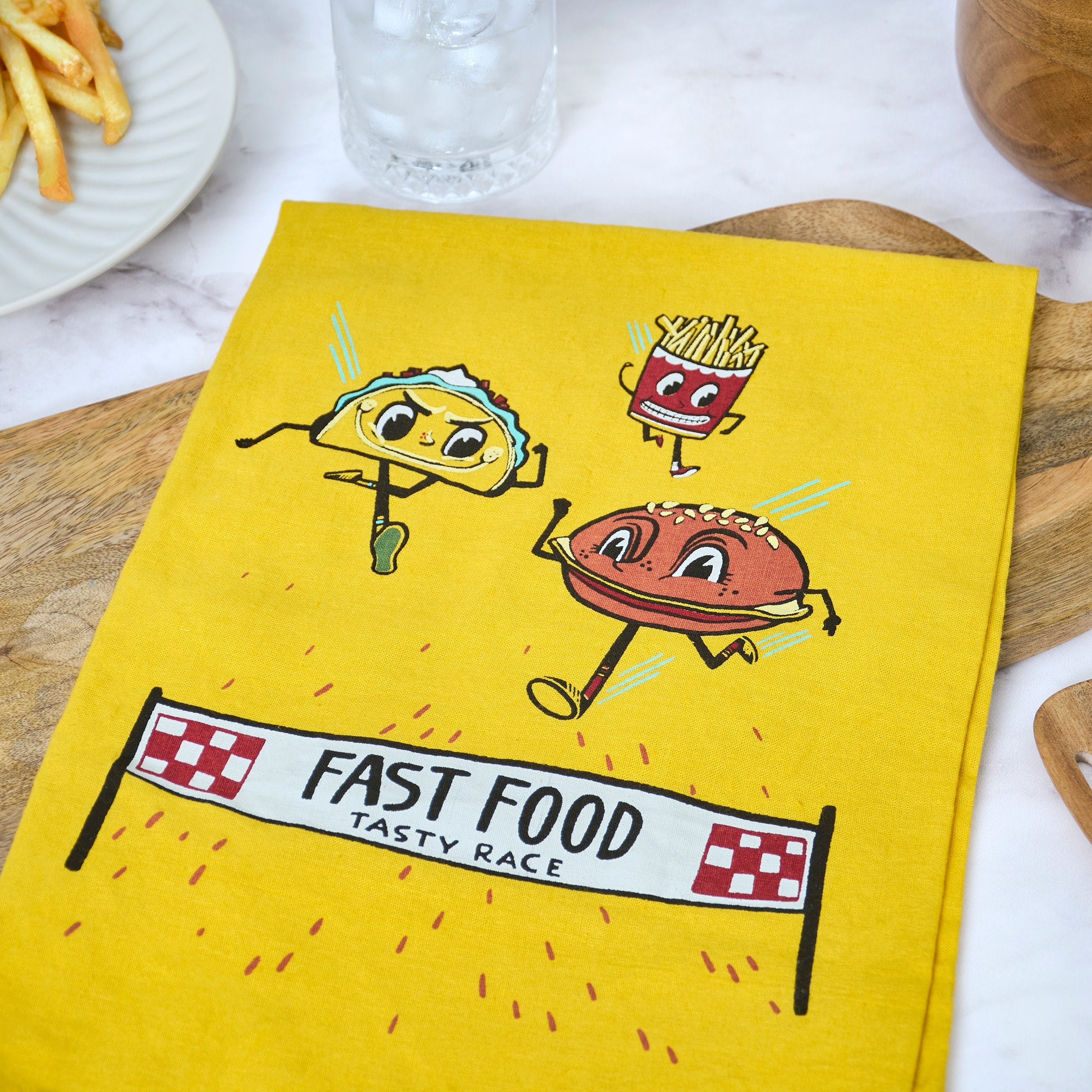 Fun Fast Food Race Cotton Kitchen Towel - Absorbent, Decorative, & Machine Washable