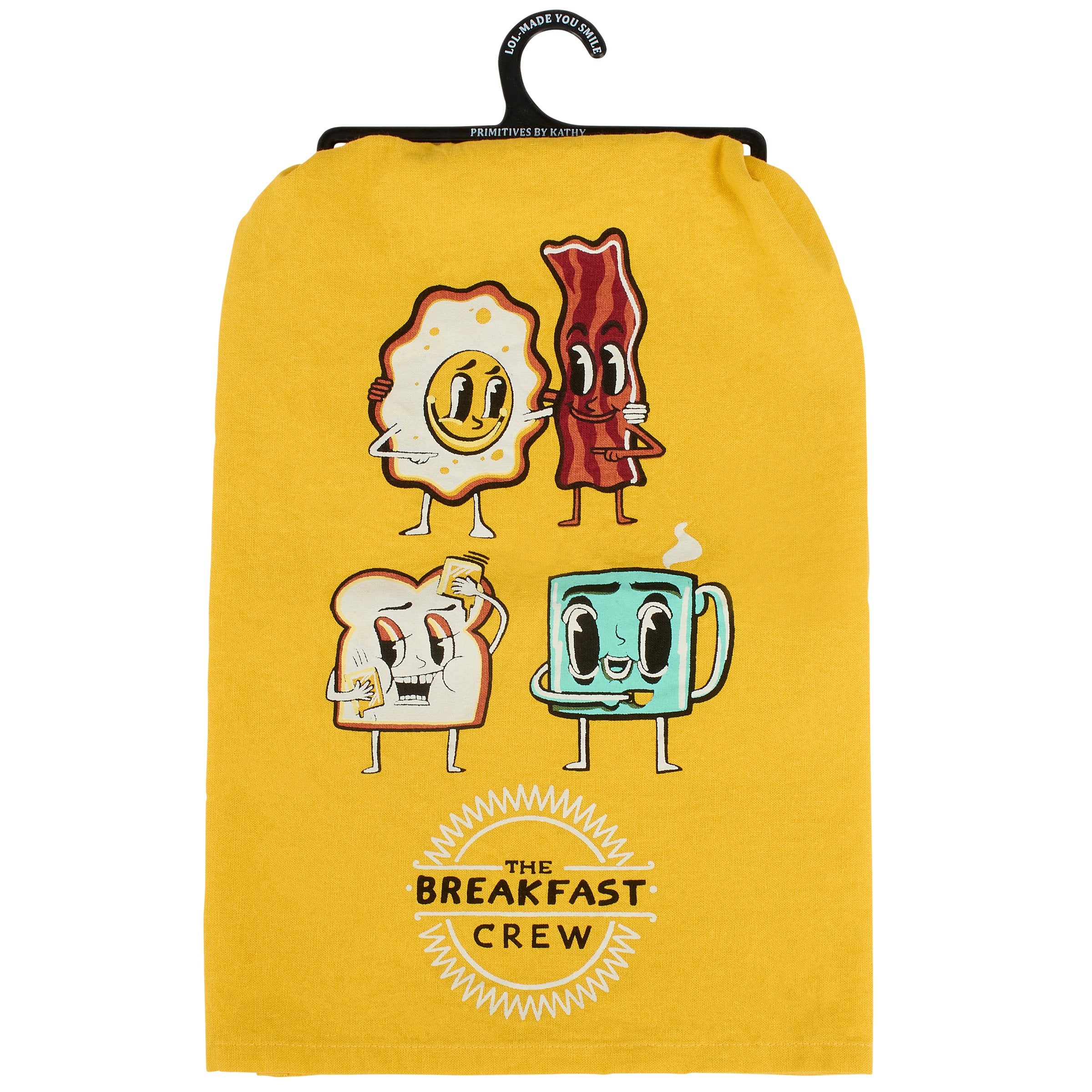 Whimsical Breakfast Crew Yellow Cotton Kitchen Towel - Fun Retro Design