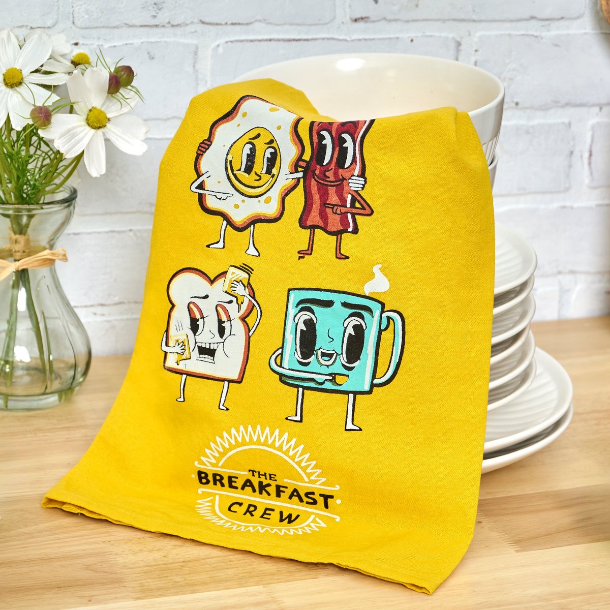 Whimsical Breakfast Crew Yellow Cotton Kitchen Towel - Fun Retro Design