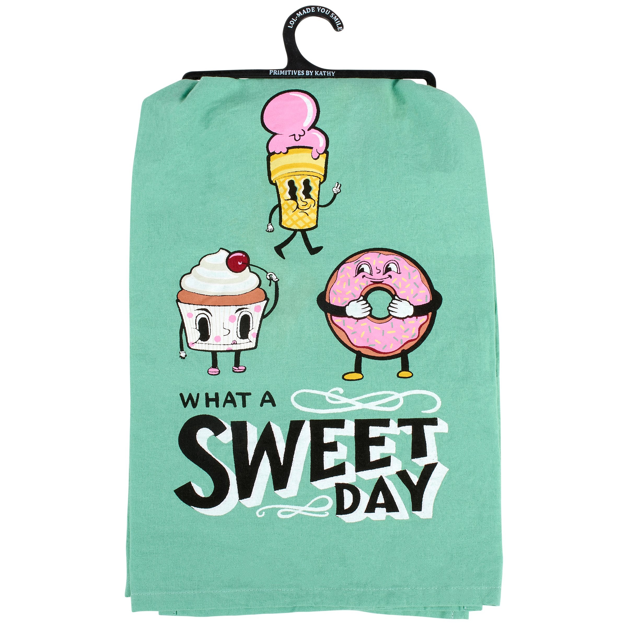 Delightful 'What A Sweet Day' Retro Dessert Cotton Kitchen Towel, Machine Washable