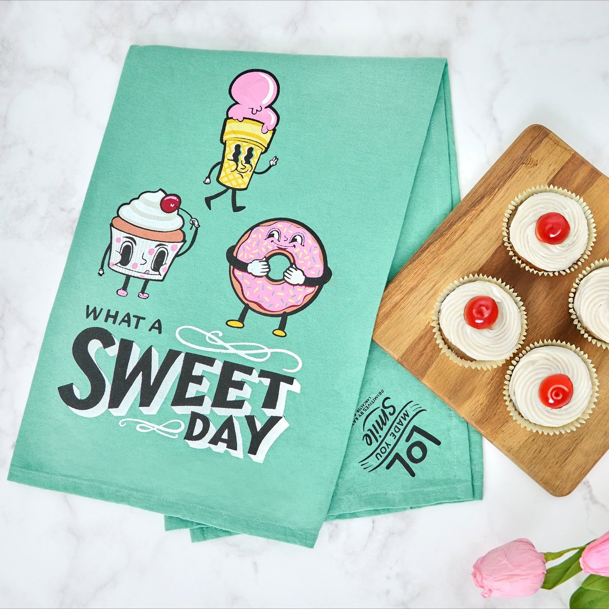 Delightful 'What A Sweet Day' Retro Dessert Cotton Kitchen Towel, Machine Washable