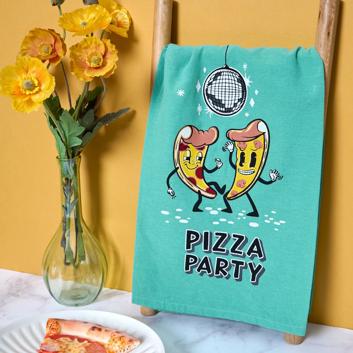 Fun Retro Pizza Party Kitchen Towel - Vibrant Cotton Disco Slice Design