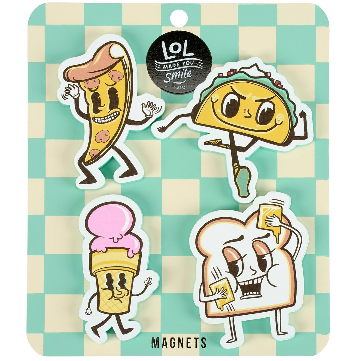 Whimsical Retro Food Crew Wooden Magnet Set - Pizza, Taco, Ice Cream, Toast