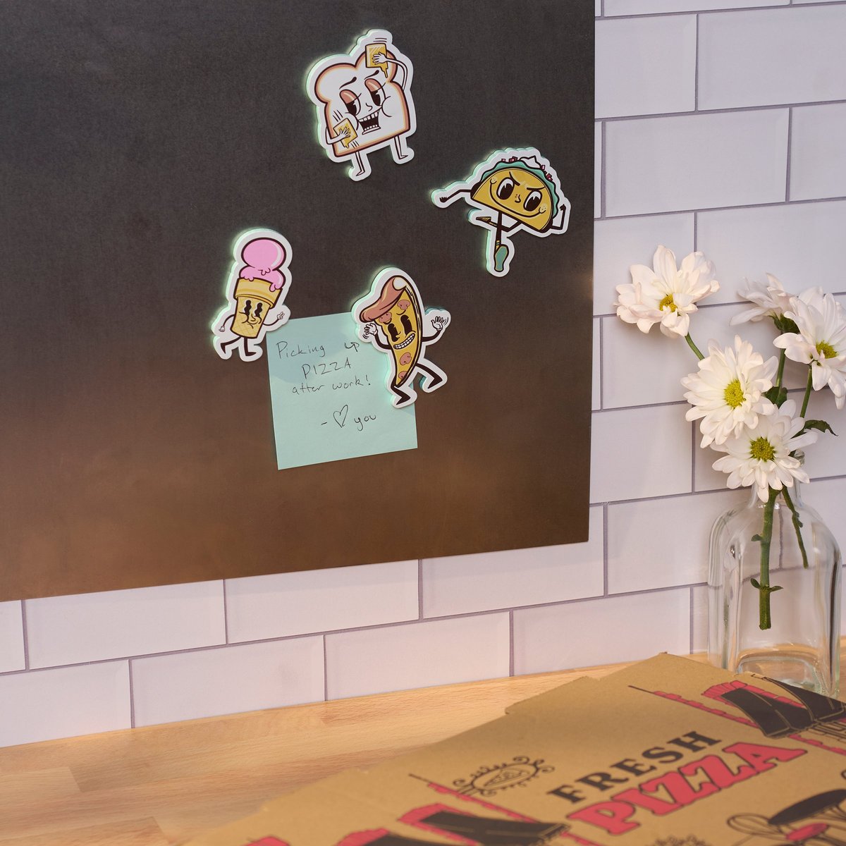 Whimsical Retro Food Crew Wooden Magnet Set - Pizza, Taco, Ice Cream, Toast