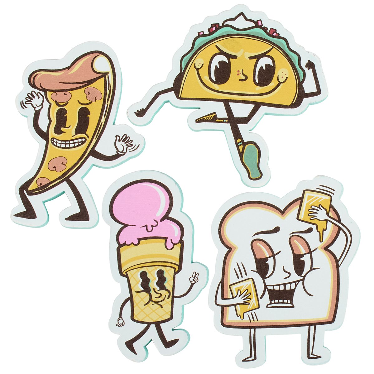 Whimsical Retro Food Crew Wooden Magnet Set - Pizza, Taco, Ice Cream, Toast