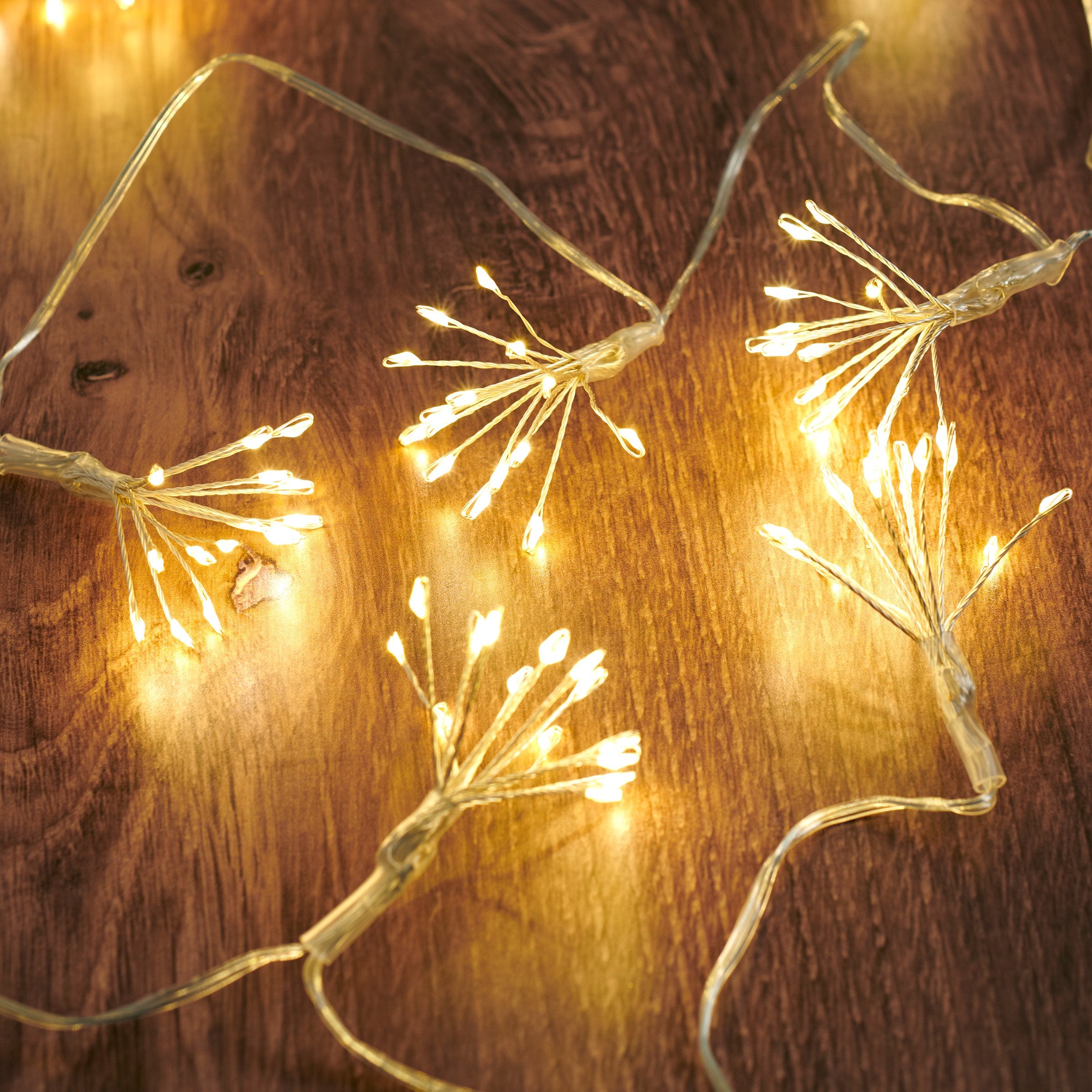 Dazzling Starburst Warm White LED String Lights, Battery Operated with Timer