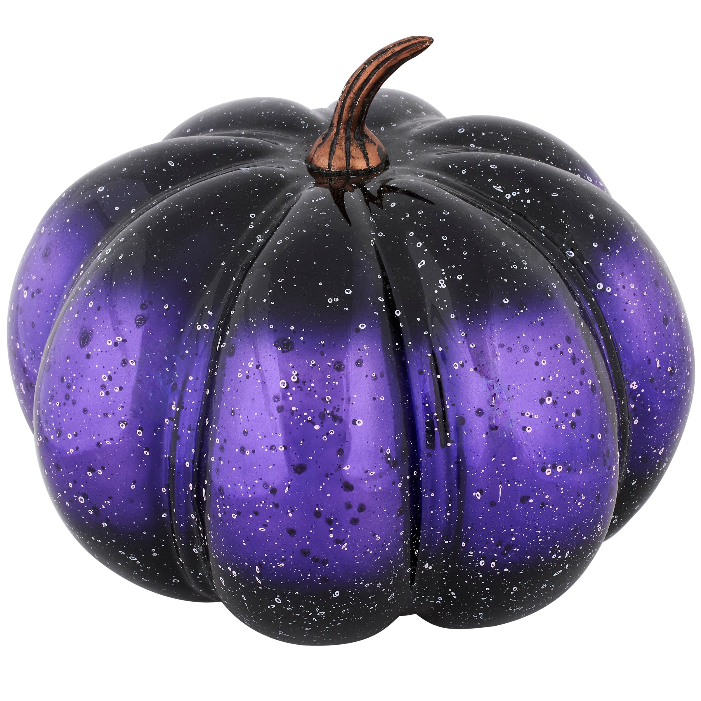 Large Purple Glass Halloween Pumpkin Decor with Gradient Speckle and Bronze Stem