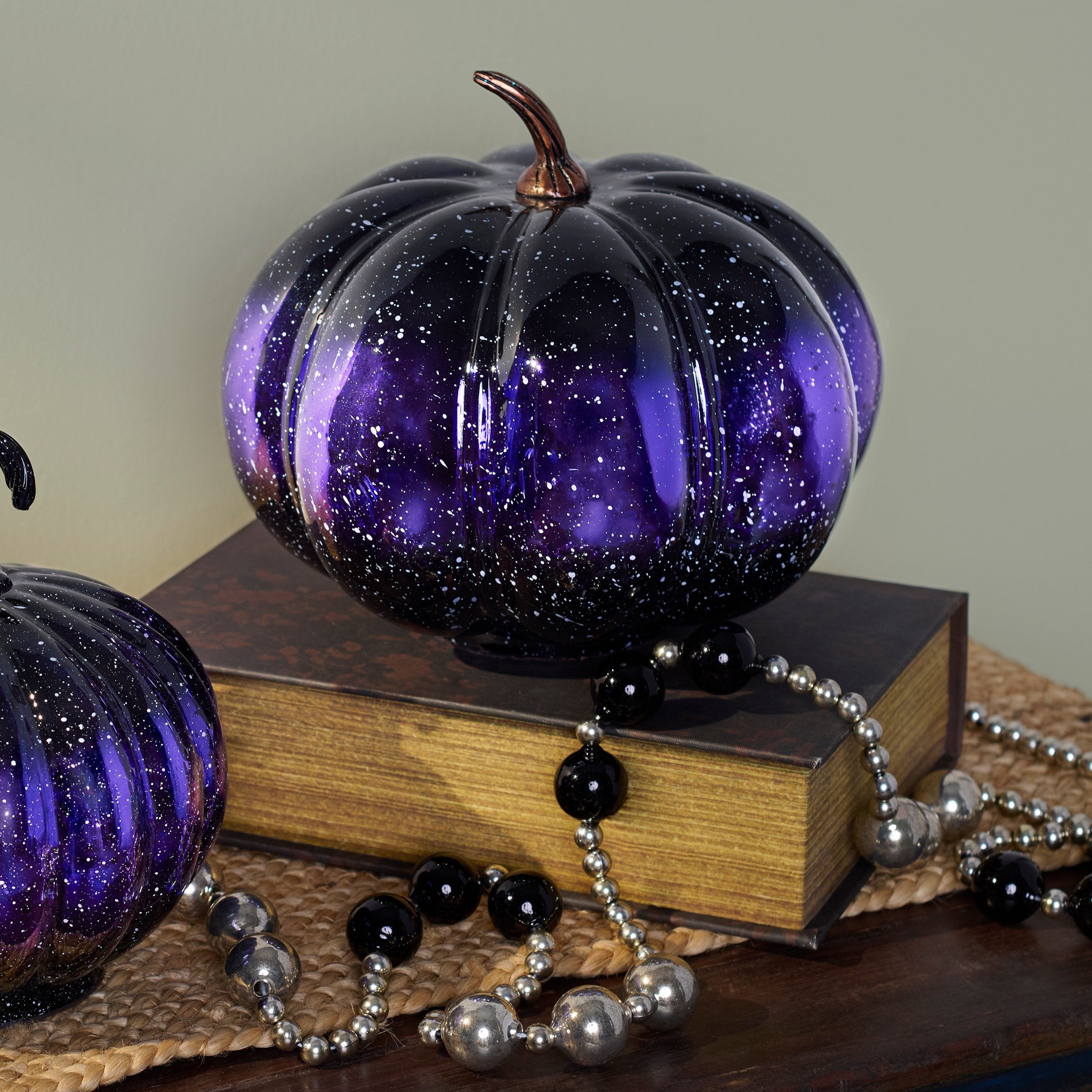 Large Purple Glass Halloween Pumpkin Decor with Gradient Speckle and Bronze Stem