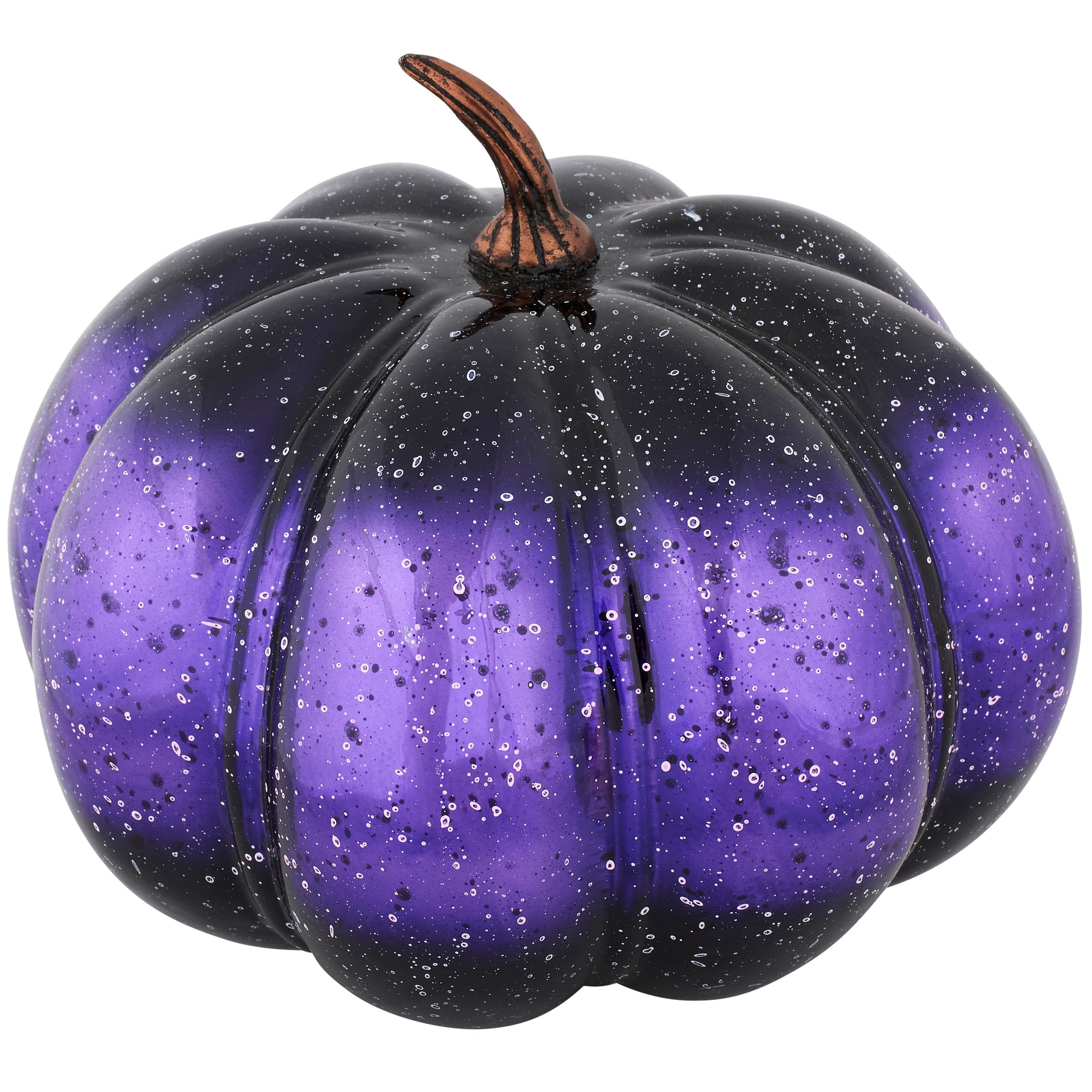 Large Purple Glass Halloween Pumpkin Decor with Gradient Speckle and Bronze Stem