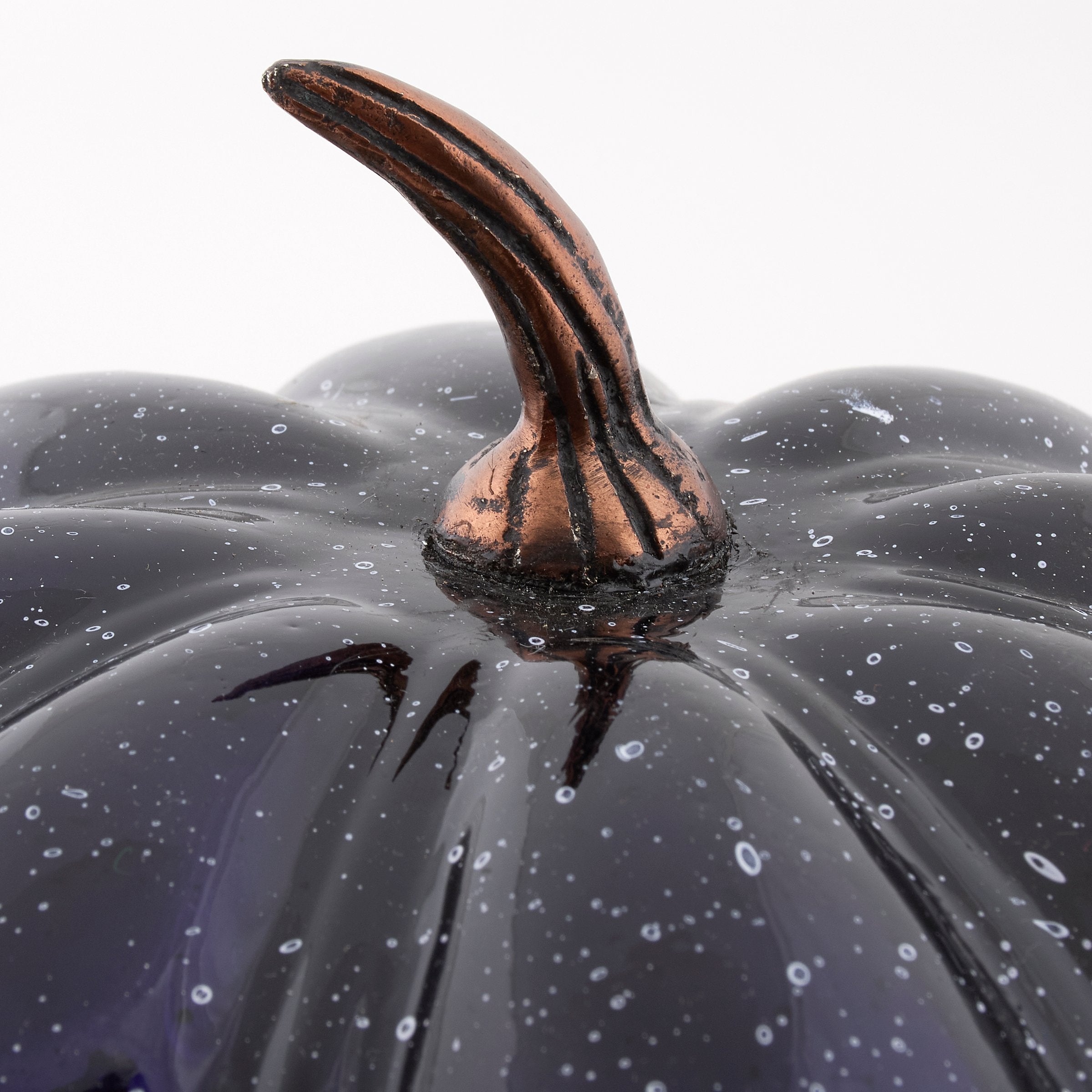 Large Purple Glass Halloween Pumpkin Decor with Gradient Speckle and Bronze Stem