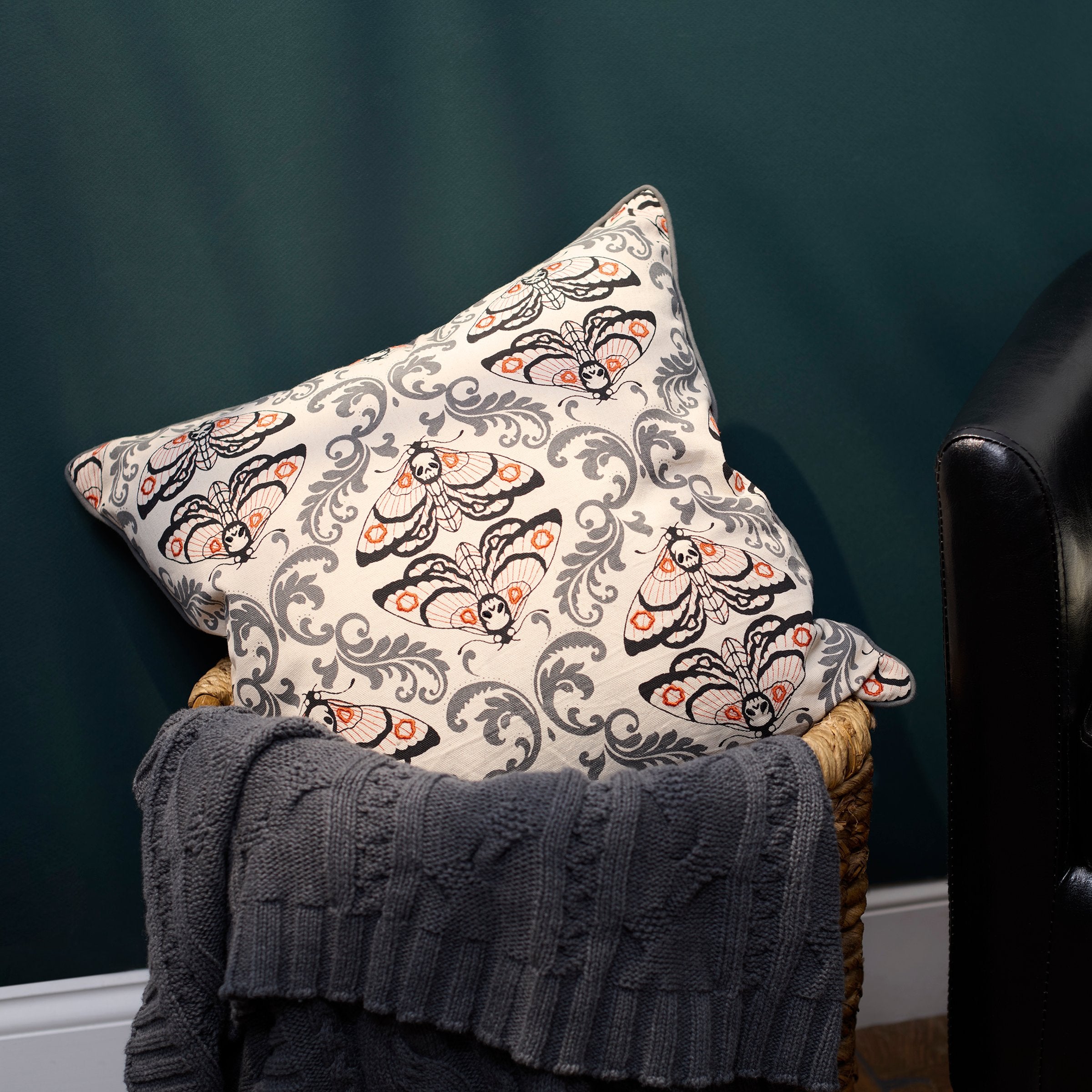 Spooky Chic Moth Skull Decorative Pillow with Embroidered Accents for Halloween Home Decor